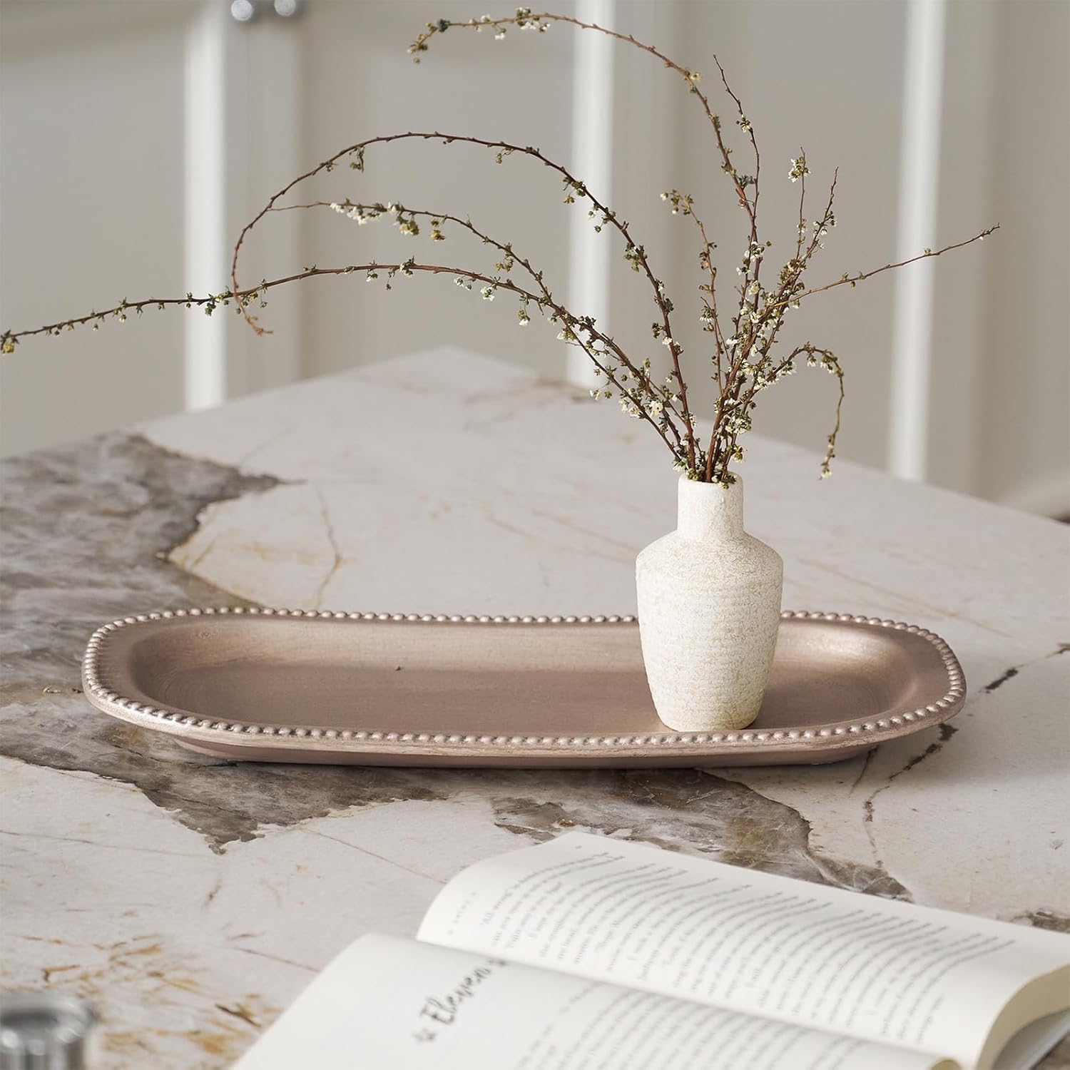 Wooden Decorative Tray, 13.9×5.9" Oval Distressed Boho Coffee Table Tray Decor, Kitchen Dining Table Trays Farmhouse Home Decor, Wood Beaded Rustic Trays for Living Room, Bathroom (Golden Brown) - Image 7