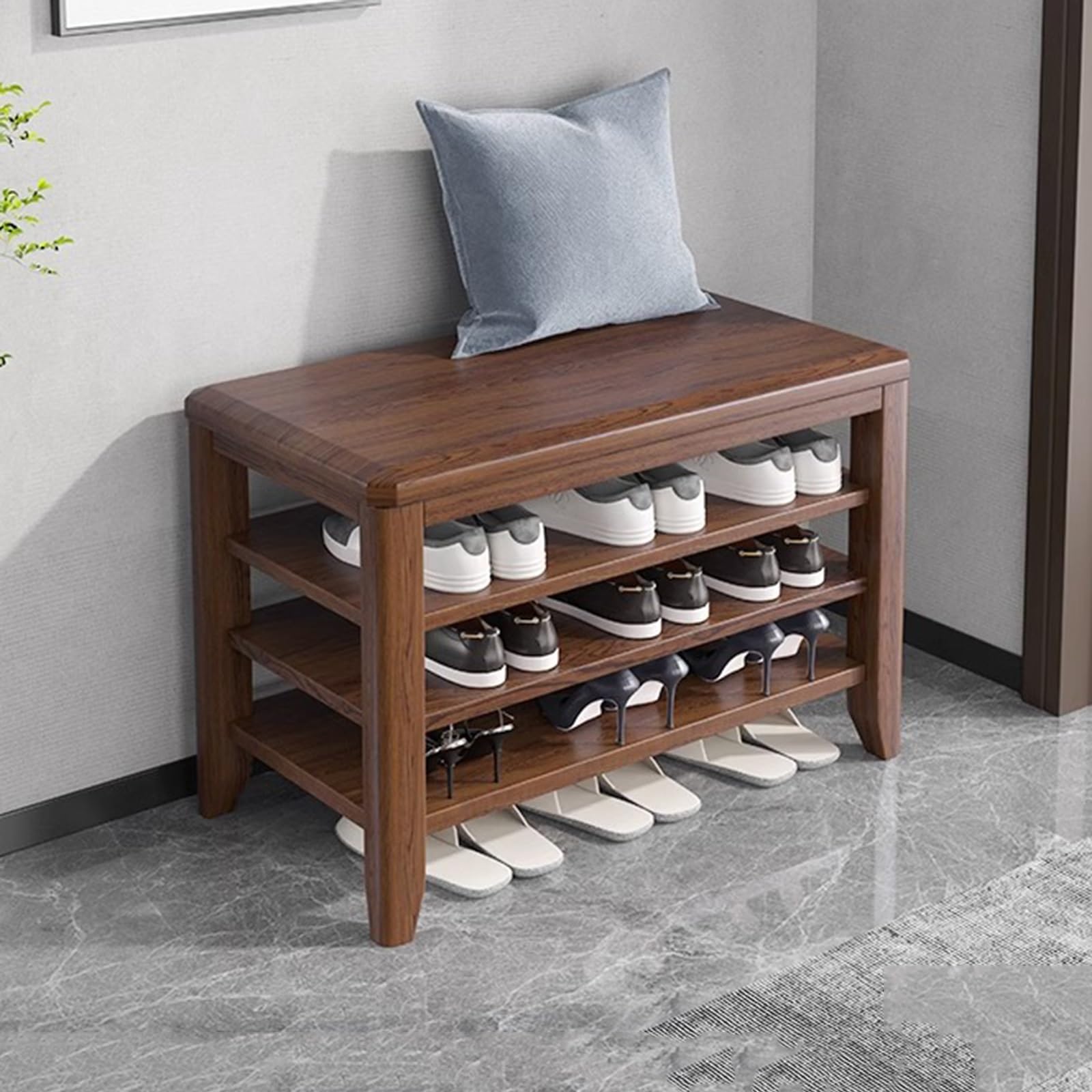 Banc à chaussures en bois massif noyer de 80 cm avec étagères réglables