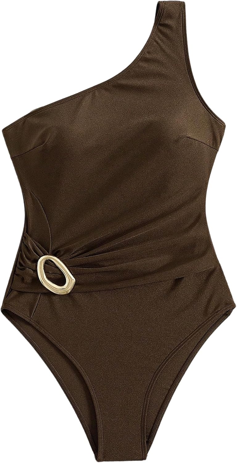 SHENHE Women's One Piece Swimsuit Tummy Control One Shoulder Metal Ring Bathing Suit