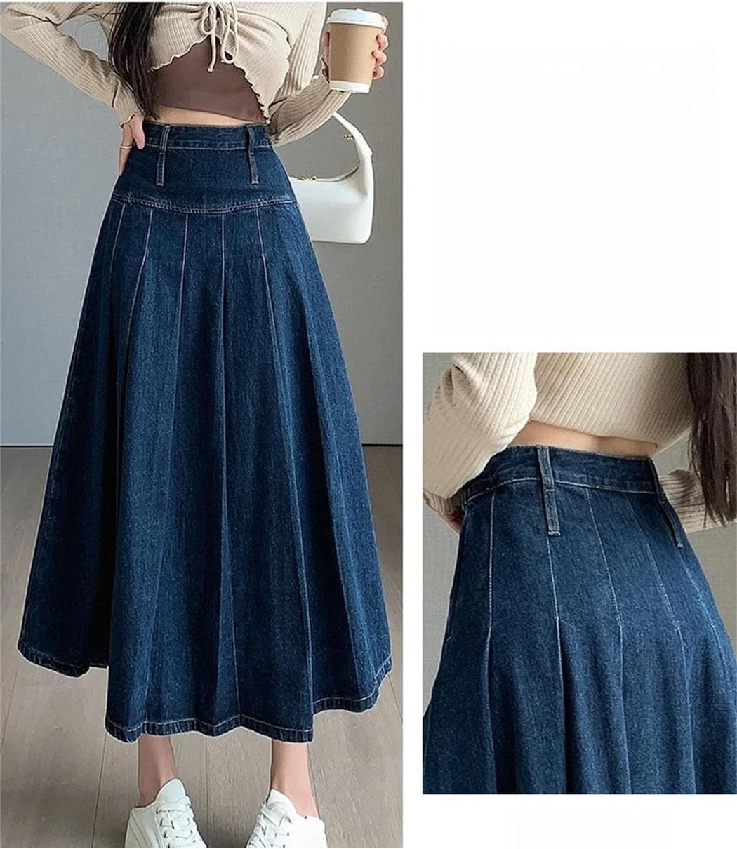 Women Vintage High Waist Pleated Denim Skirt Summer Casual A-Line Jeans Umbrella Skirt for Daily Wear