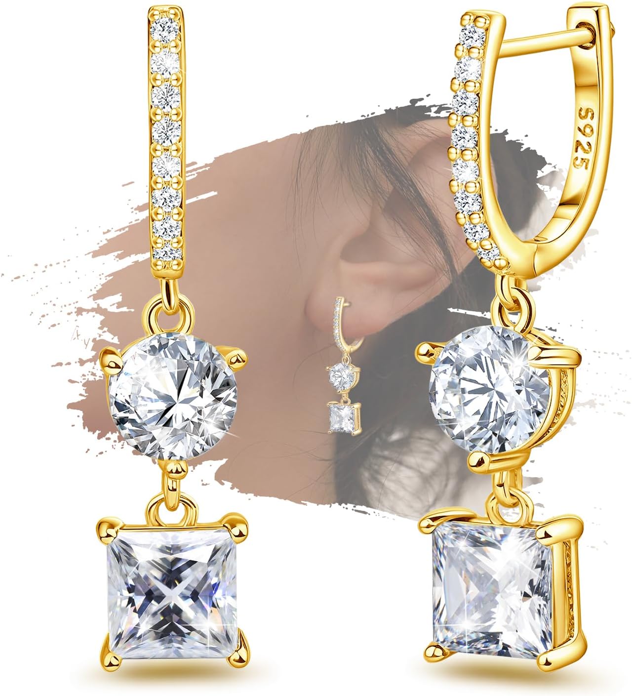 Cubic Zirconia Dangle Earrings - Sterling Silver Gold Dangling Hoop Earrings for Women Hypoallergenic Sparkly CZ Dangly Earring for Sensitive Ears Dainty Elegant Jewelry Gift for Her Wife Mom Bride