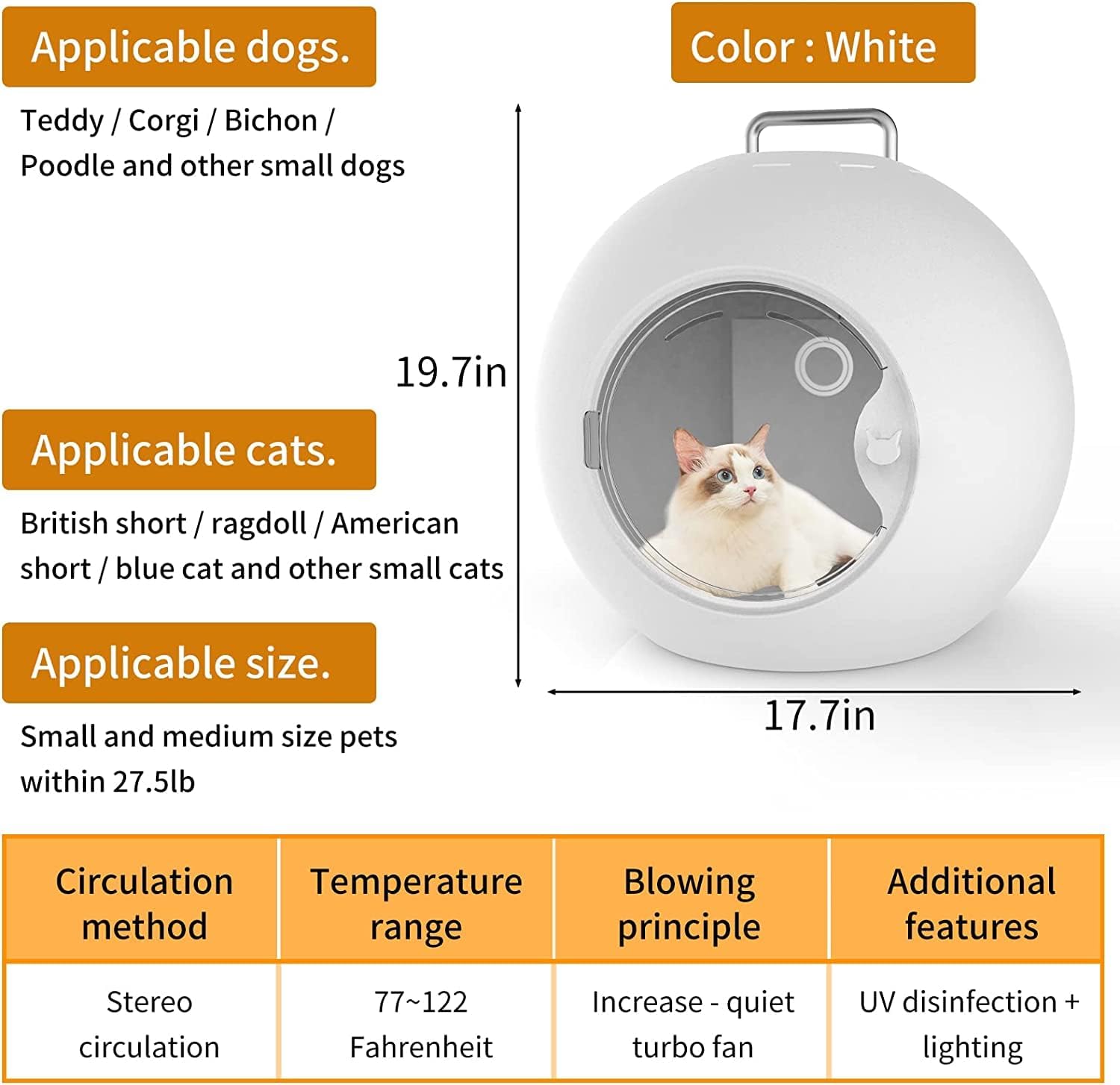 Automatic Cat Dryer Box for Pet Grooming Ultra Quiet Pet Drying Box Machine Professional Fast Dog Hair Dryer Blower with Lighting Adjustable Temperature and Time 360 Degree Warm Wind 50L Capacity