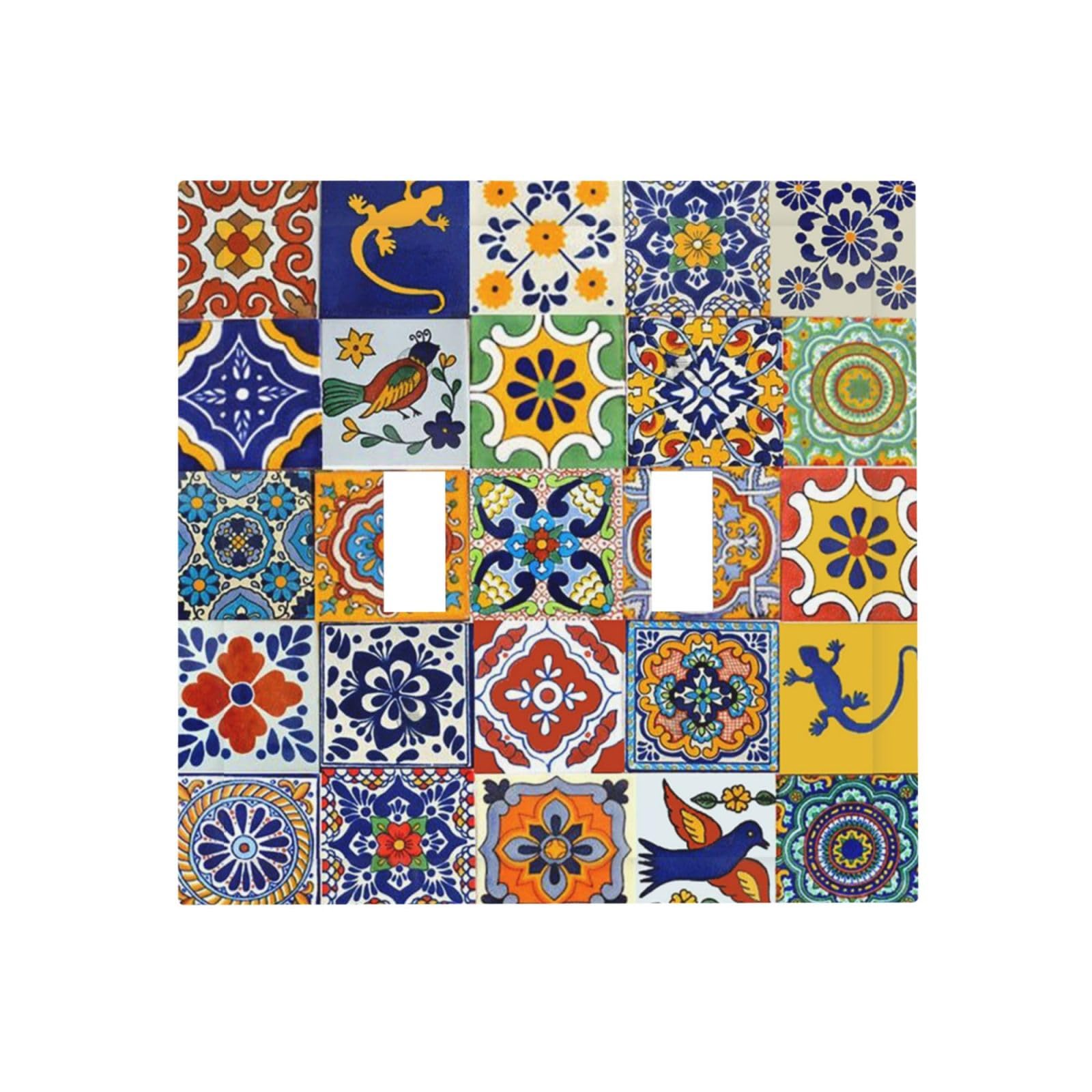 Mexican Moroccan Colorful Boho Tile 2 Gang Mid Double Toggle Outlet Light Switch Cover Wall Plate Electrical Faceplate Decorative Dual Device