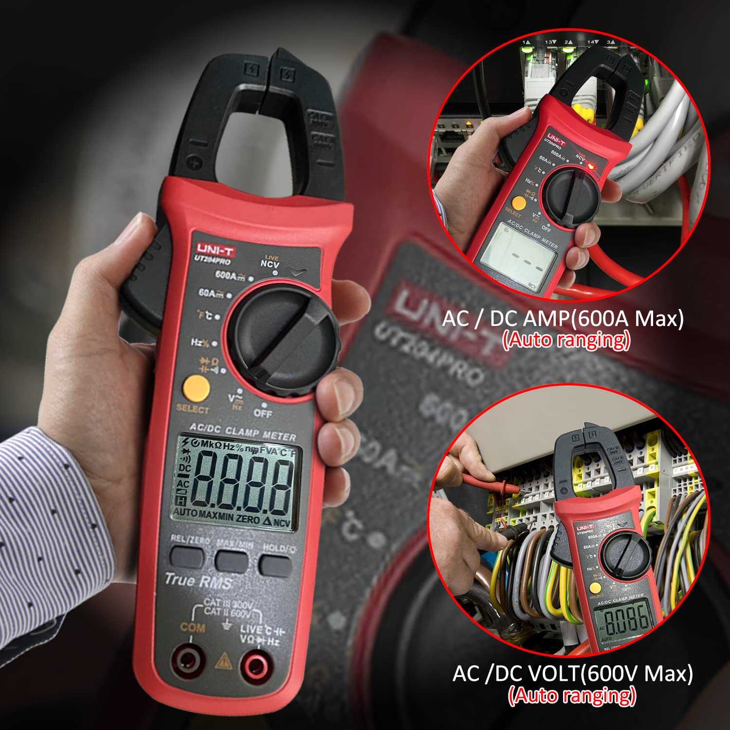 UNI-T UT204PRO Pinza Amperimétrica, Valor Eficaz Verdadero, con Detección de Pinza NCV, Tensión de 600A 600V CA/CC, Corriente, Resistencia, Temperatura,Detección de Cable Vivo, Diodo