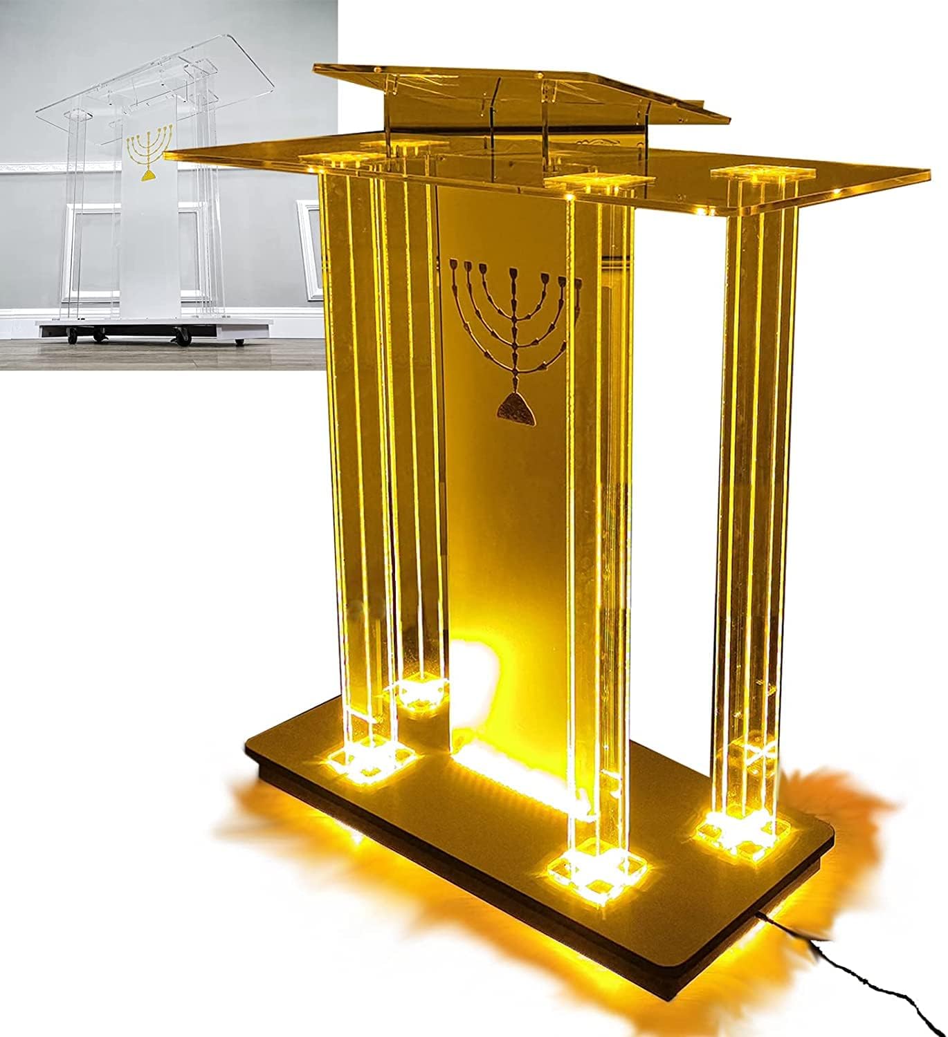 Clear Acrylic Podium with Wheels, Rolling Podium Floor Podium with Lights for Conference Room Church Company, Transparent, Church Pulpit