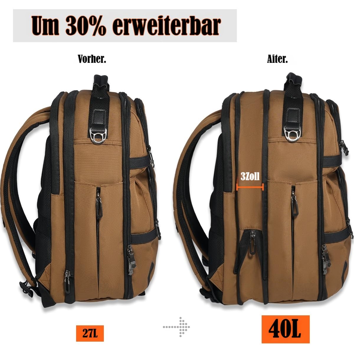 WELKINLAND Reiserucksack mit 20 Taschen, Handgepäck-Rucksäcke, 40,6 cm (16 Zoll) Laptop-Rucksack für Herren, erweiterbarer Rucksack mit Trolleyhülle, Reiserucksack mit Schuhfach