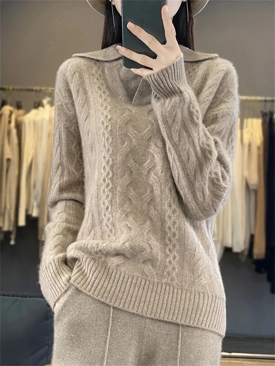 Maglione da donna Inverno Fiore Intrecciato Girare giù Collare Pullover Lana Merino Spessore Femminile Maglione Maglieria Top