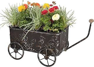 Flower Cart with Wooden Handles, Metal Wagon Planters for Outdoor Plants, Garden Planter with Wagon Wheels, Decorative Wheelbarrow, Plant Cart for Patio Garden Balcony (Brown)