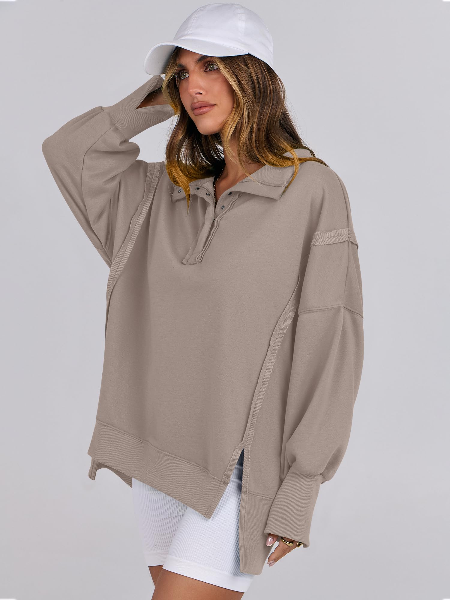 ANRABESS Women's Sweatshirts Oversized Casual Loose Button Up Henley Pullover Top High Low Split 2025 Fall Fashion Outfits