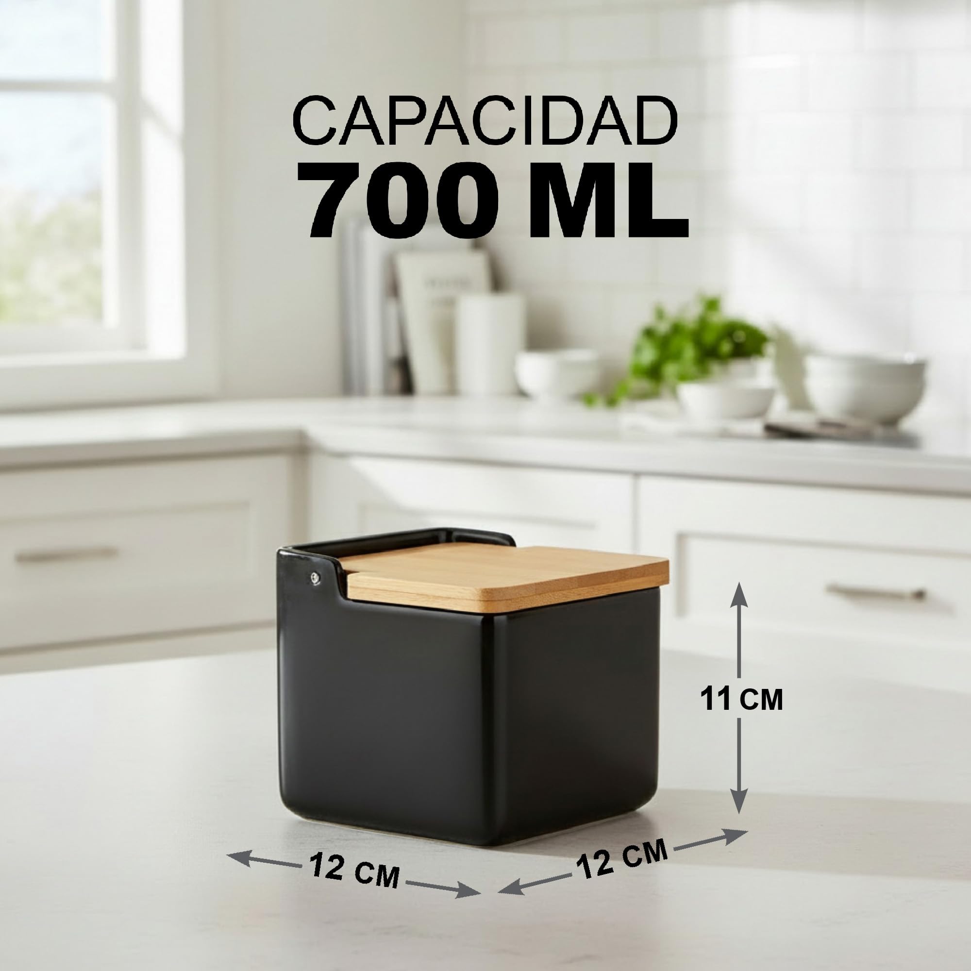 TIENDA EURASIA – Salero de Cocina de Cerámica | Tapa Abatible de Bambú | Color Negro | Medidas 12x12x11 cm | Diseño Moderno y Elegante