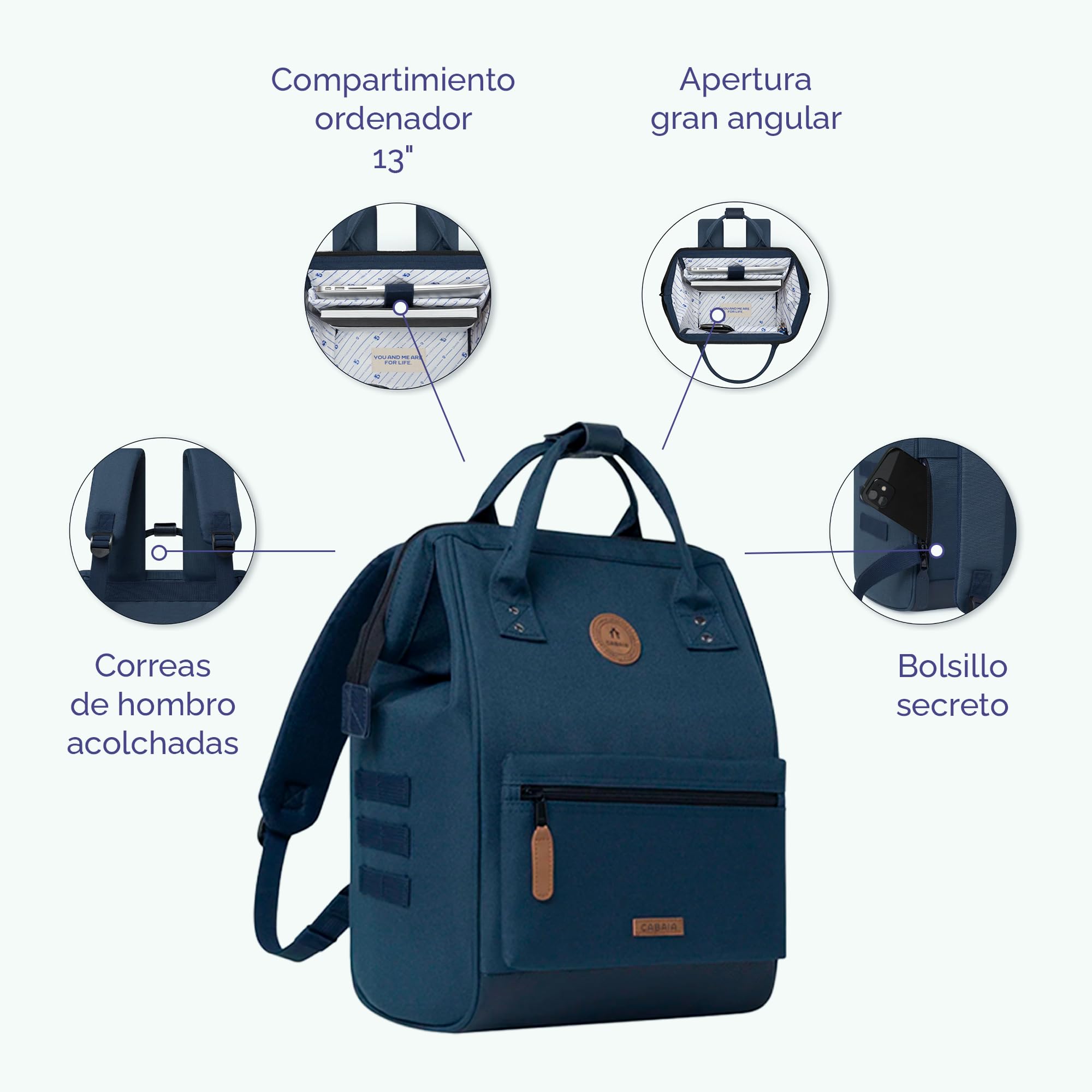 Cabaïa – Mochila Adventurer Nice - Medium 18L - Repelente al Agua – Compartimento Portátil 13″ – 2 Bolsillos Intercambiables – Certificada Vegana – Mochila de Viaje, Trabajo y Escuela – Violetta