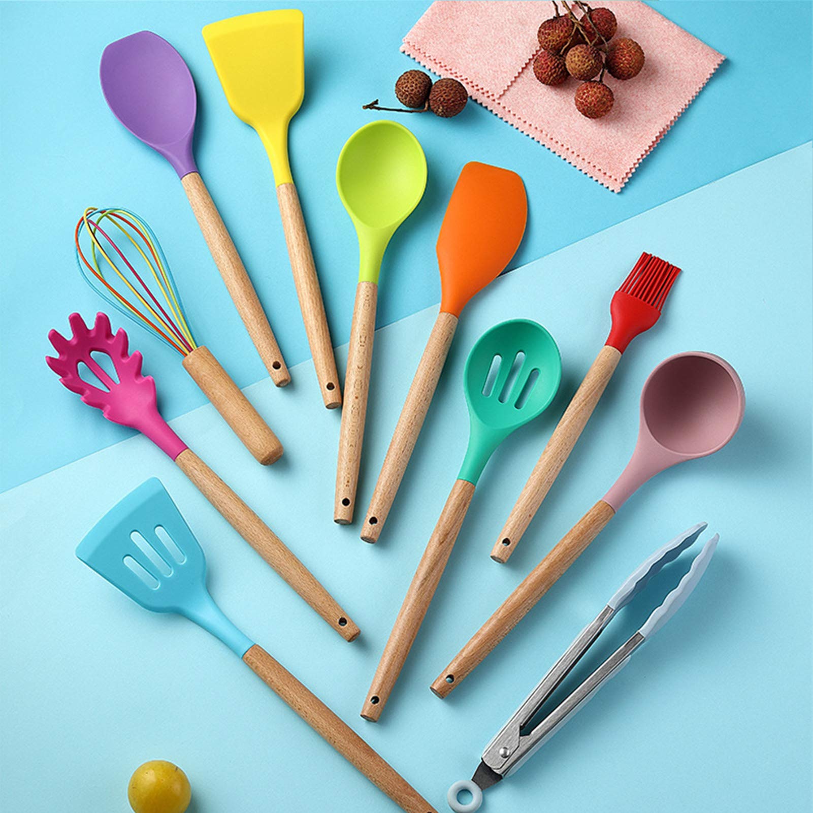 Siliconen Kookgerei Set, met Houten Handgrepen & Houder