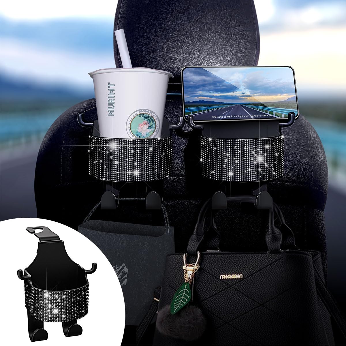 Murimt 2pack Bling Car Seat Headrest Hooks Cup Holder with Hooks for Purses and Bags 3 in 1 Car Hook & Backseat Cup Holder & Backseat Phone Holder Black Car Accessories for Women