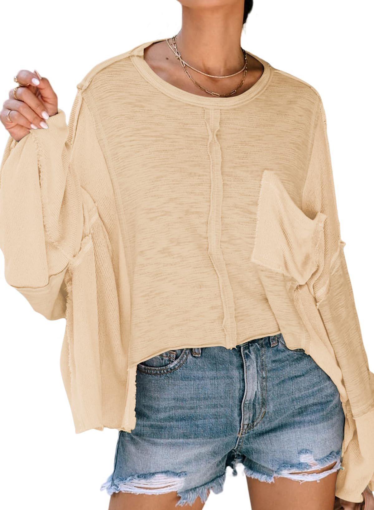 Women's Exposed Seam Chest Pocket Loose Sleeve Oversized Tunic Top Casual Solid Patchwork Long Sleeve Blouse X-Large Z Apricot
