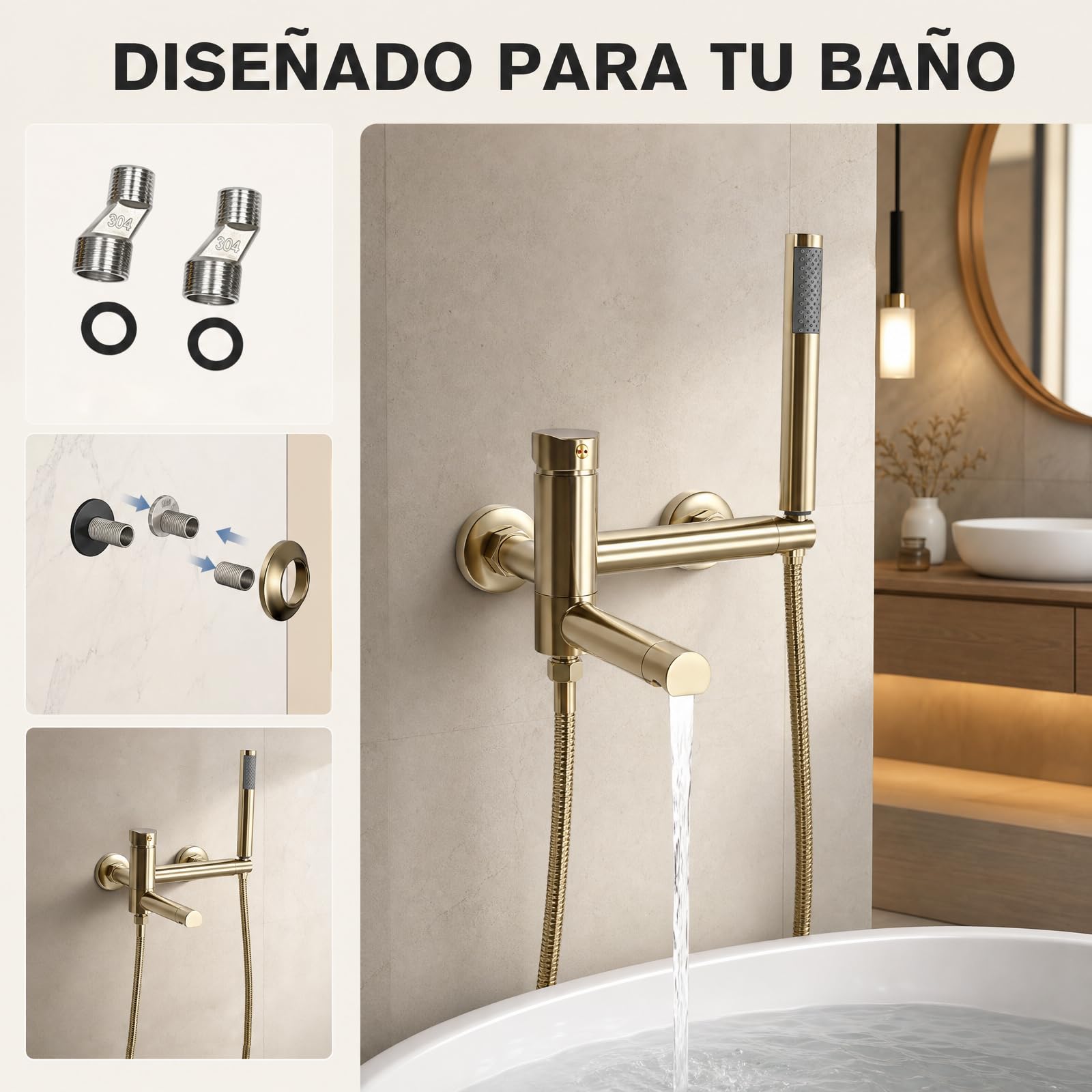 Grifo de bañera y ducha monomando dorado con ducha de mano, latón
