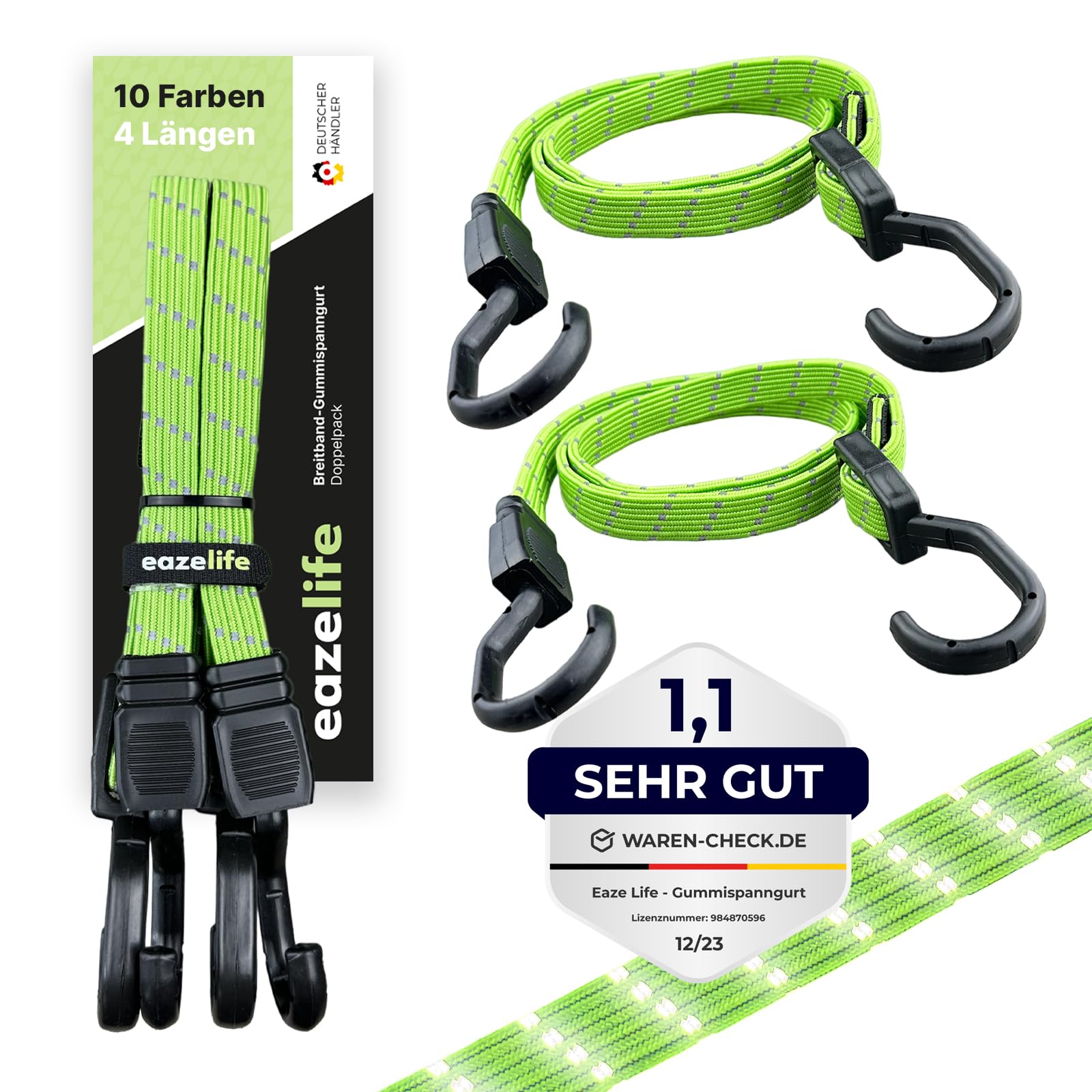 Eaze Life Set of 2 Rubber Tension Straps, Adjustable Reflective Wide Band Expander with Metal Hooks, Heavy Duty for Car, Bicycle and Outdoor Activities (10 Colours, 4 Lengths) (60 cm, Lime)