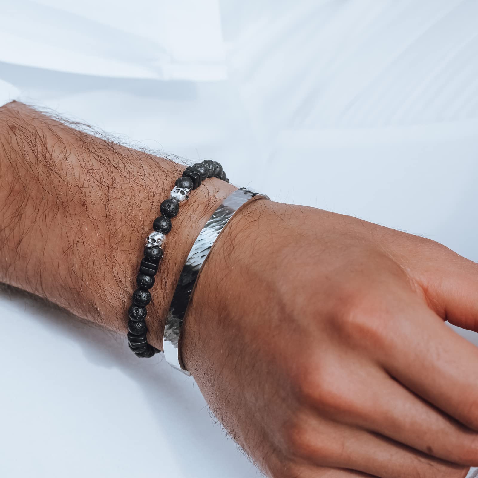 Nato Cuff - 925 Sterling Silber Totenkopf Skull Armband - Lava Perlen Halbedelsteine ​​- Griechische Keramikperlen- Herren und Damen schmuck Handgefertigt in Frankreich