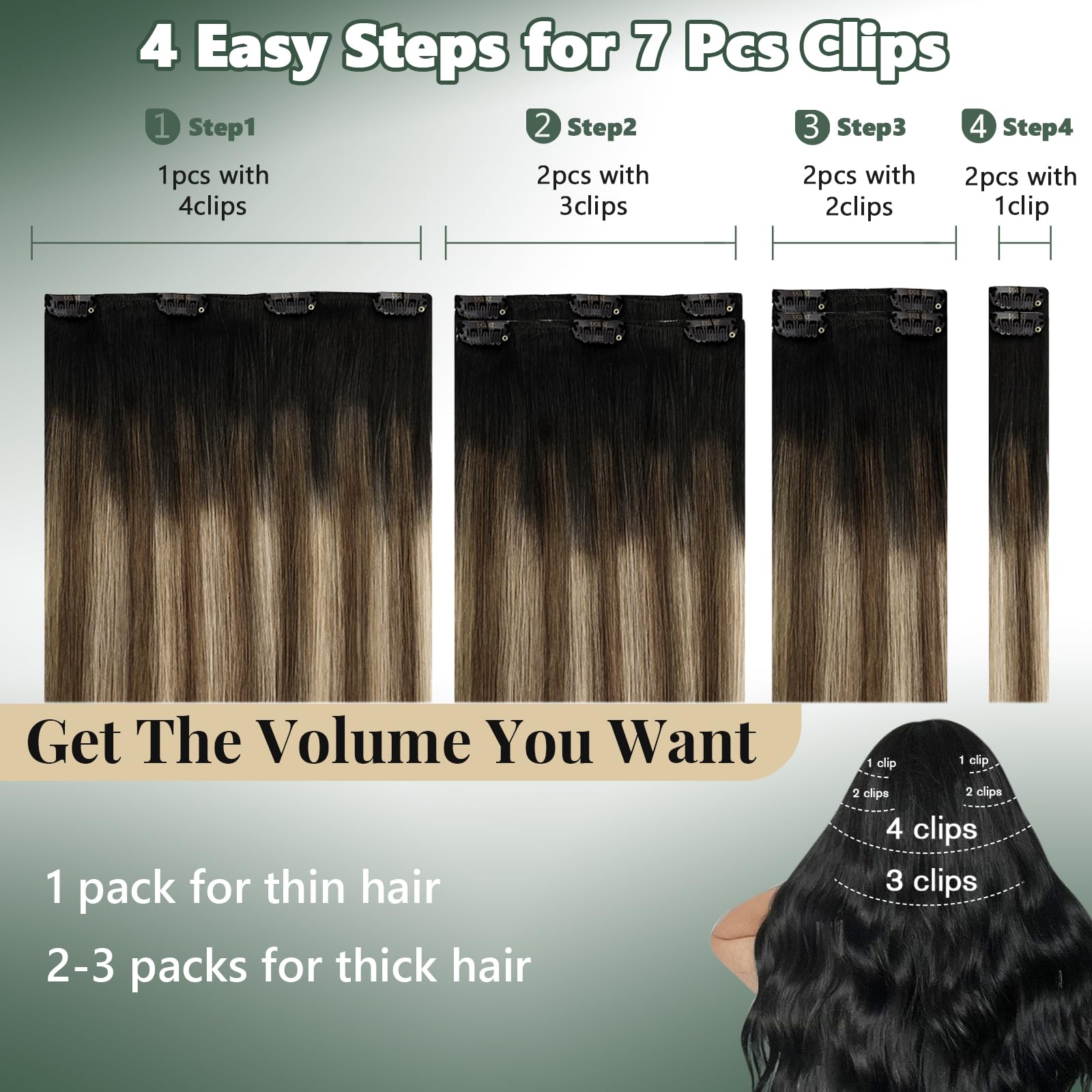 Ugeat Przedłużanie Włosów Clip in, Włosy Ludzkie, Balayage Naturalna Czerń do Crązu, 55 cm 7 sztuk 120g, Włosy Clip in Extensions Blond, Remy Naturalne Proste