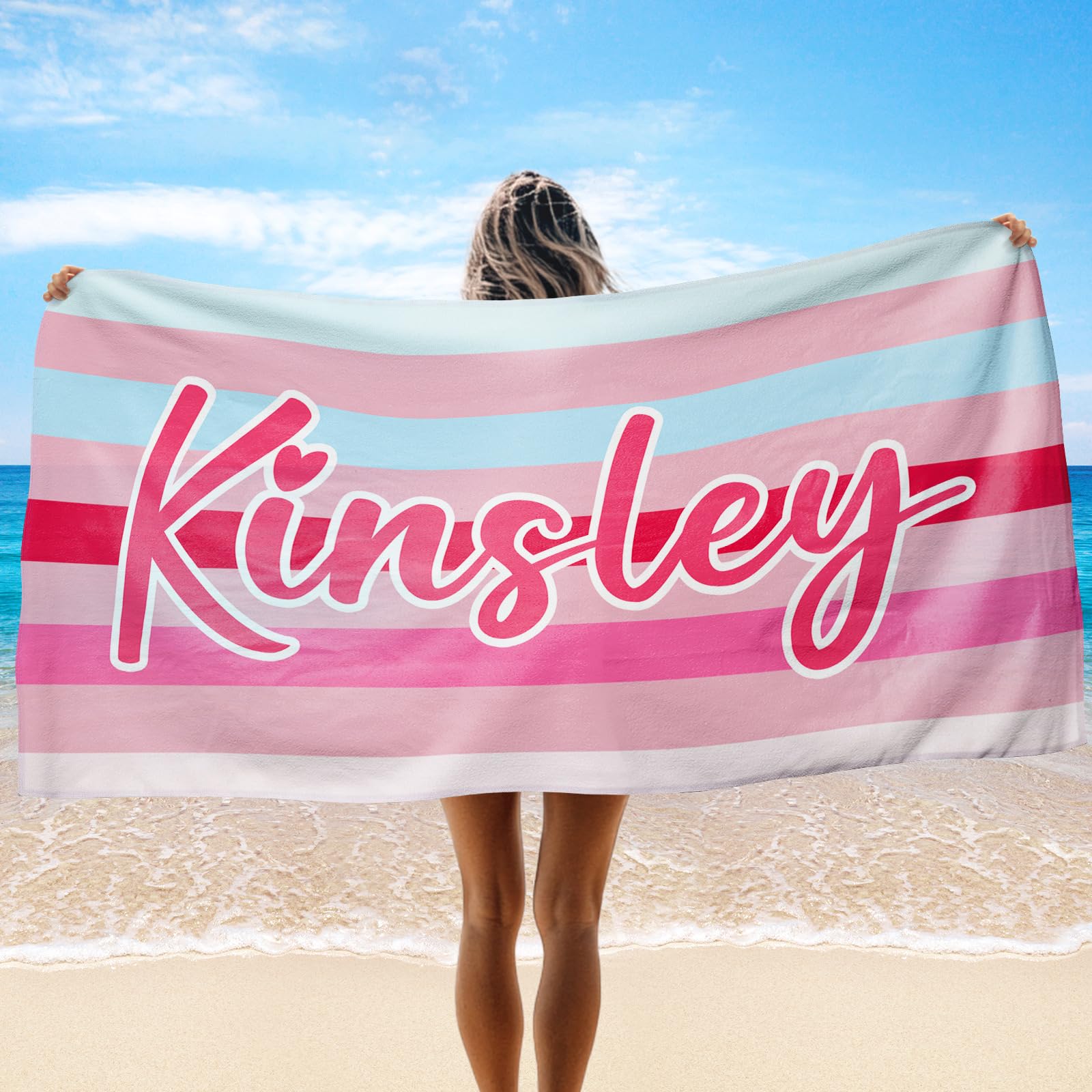 Snewvie Personalised Beach Towel,Striped Beach Towels for Adults Kids,Customised Girls Swimming Towel,Travel Towels Quick Dry Large Beach Towel for Women Men Beach Accessories(Striped D)
