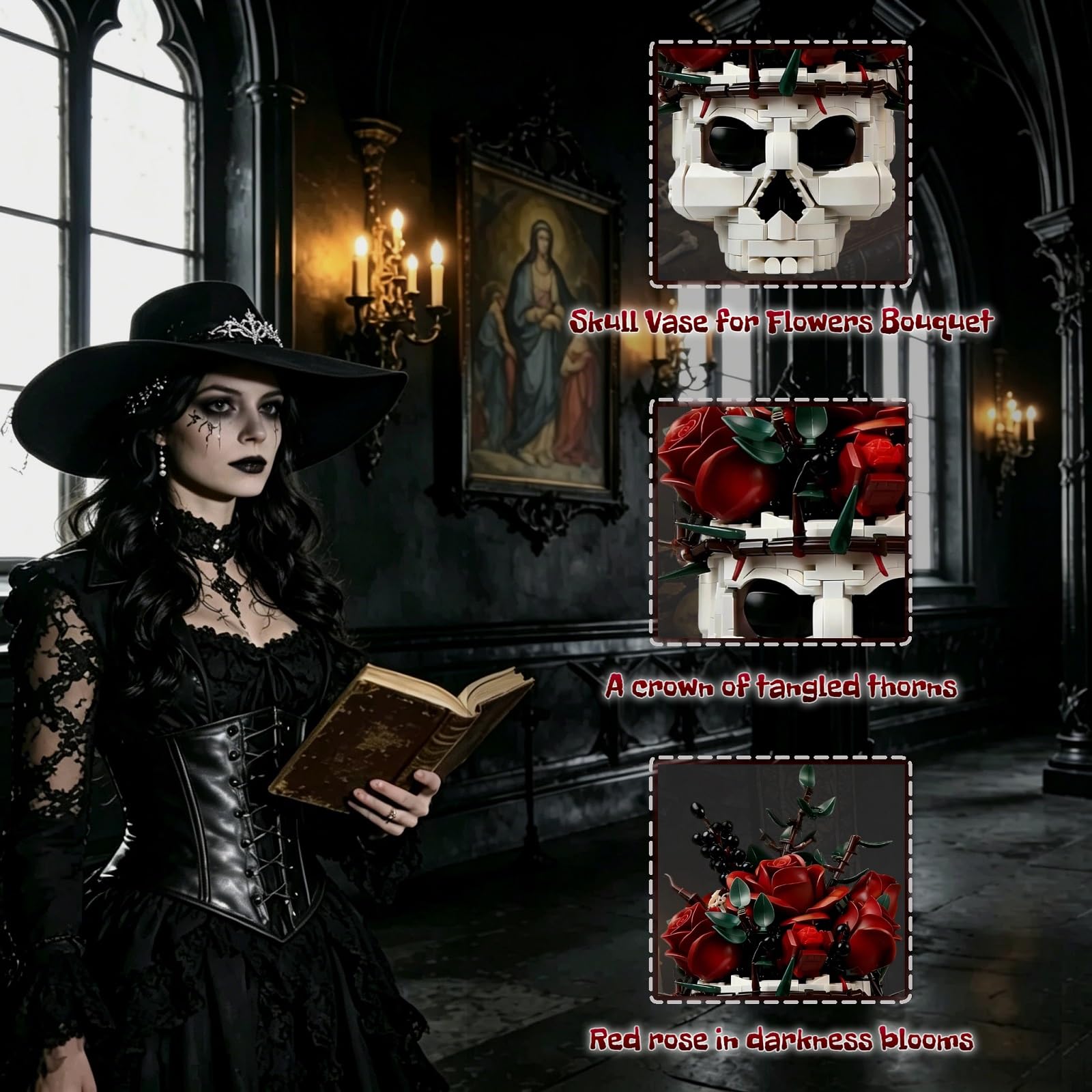 Goldlife Klemmbausteine Blumen – Rosen mit Totenkopf-Vase, Klemmbausteine Botanicals Blumenstrauß für Erwachsene, Gothic-Deko, Valentinstag, Geburtstag, Halloween, Weihnachten & Muttertag