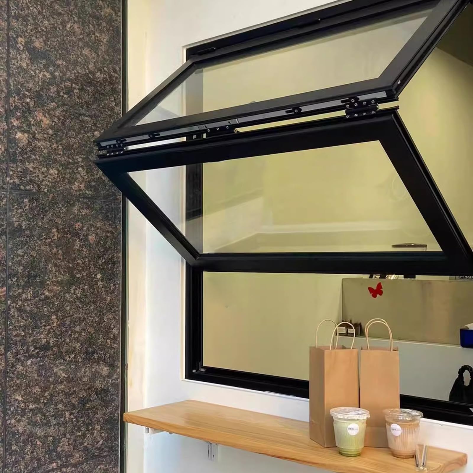 Ventana de Guillotina Empotrada Ventana de Concesión con Marco de Aluminio Ventana Abatible hacia Arriba para Cafetería con Manija de Bloqueo(100x120cm)