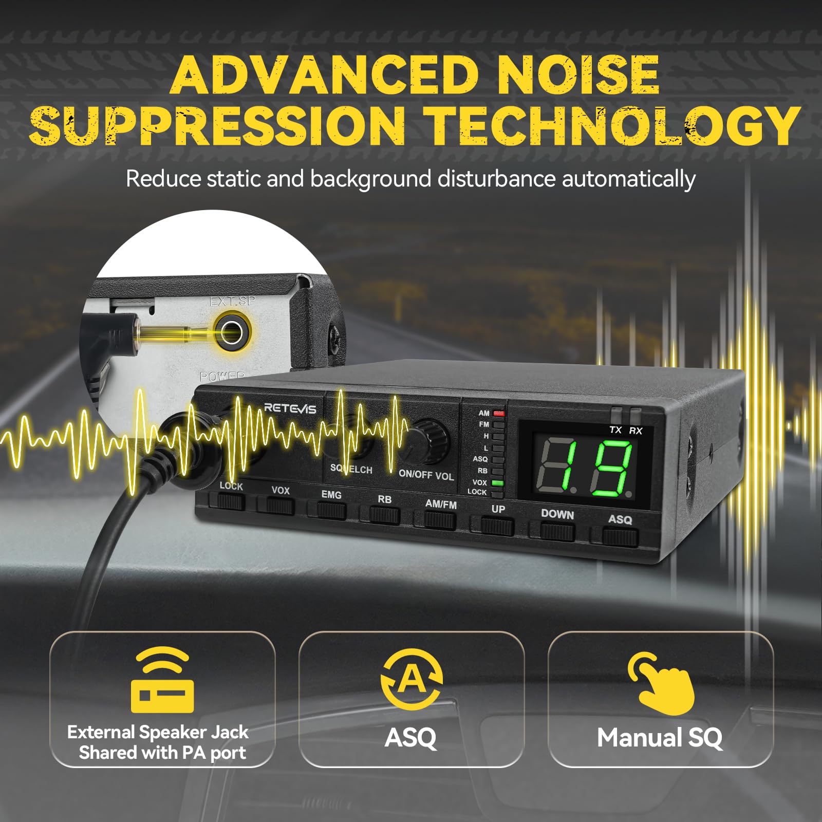Retevis MB62 CB Radio, CB con Antenna ad Alto Segnale e Altoparlante Esterno, VOX, Riduzione Del Rumore ASQ/SQ, AM/FM, EMG CH9/19, Staffa di Montaggio, Radio Portatile per Camion (1 Pz)