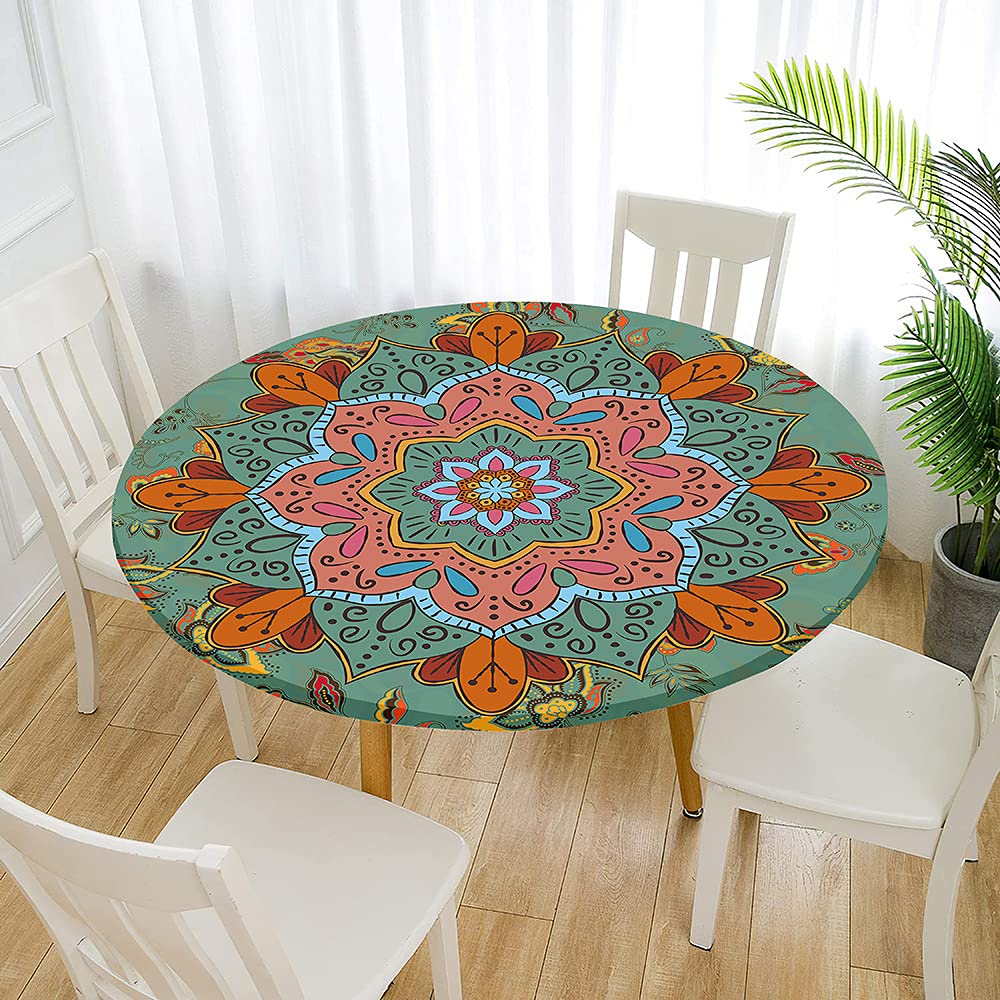 Fansu Ethnic Style Round Tablecloth Waterproof Wipe Clean, Circular Tablecloths Fitted Elastic Edged, Stain Resistant Polyester Table Cover For Dinning Room Kitchen Picnic (,180Cm)