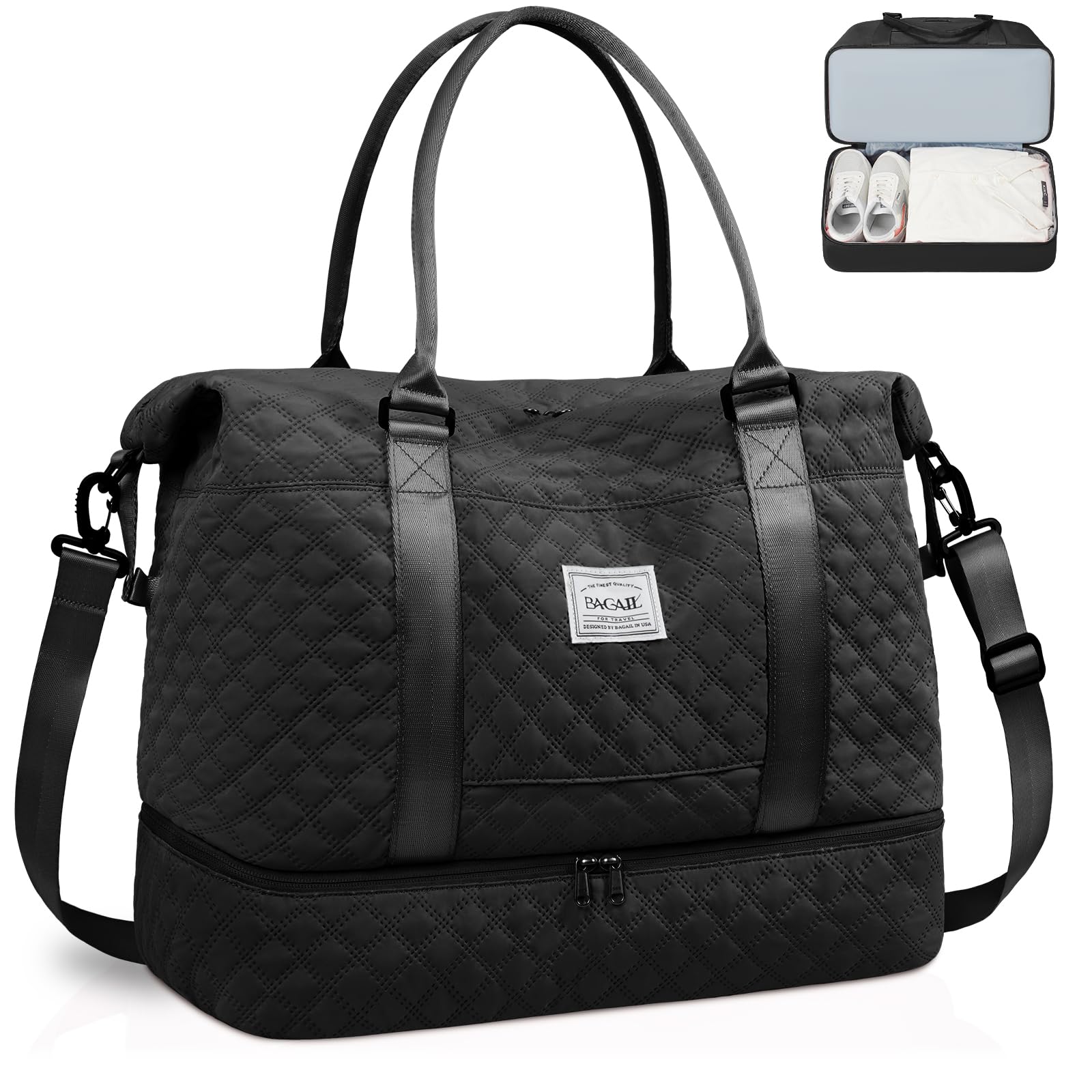 BAGAILTravel Duffel Bag with Extra Bottom Storage, Wet and Dry Separation, Ideal Weekender Bags, Gym Carry On Tote Bag and Hospital Mom Bag - Grid-Black