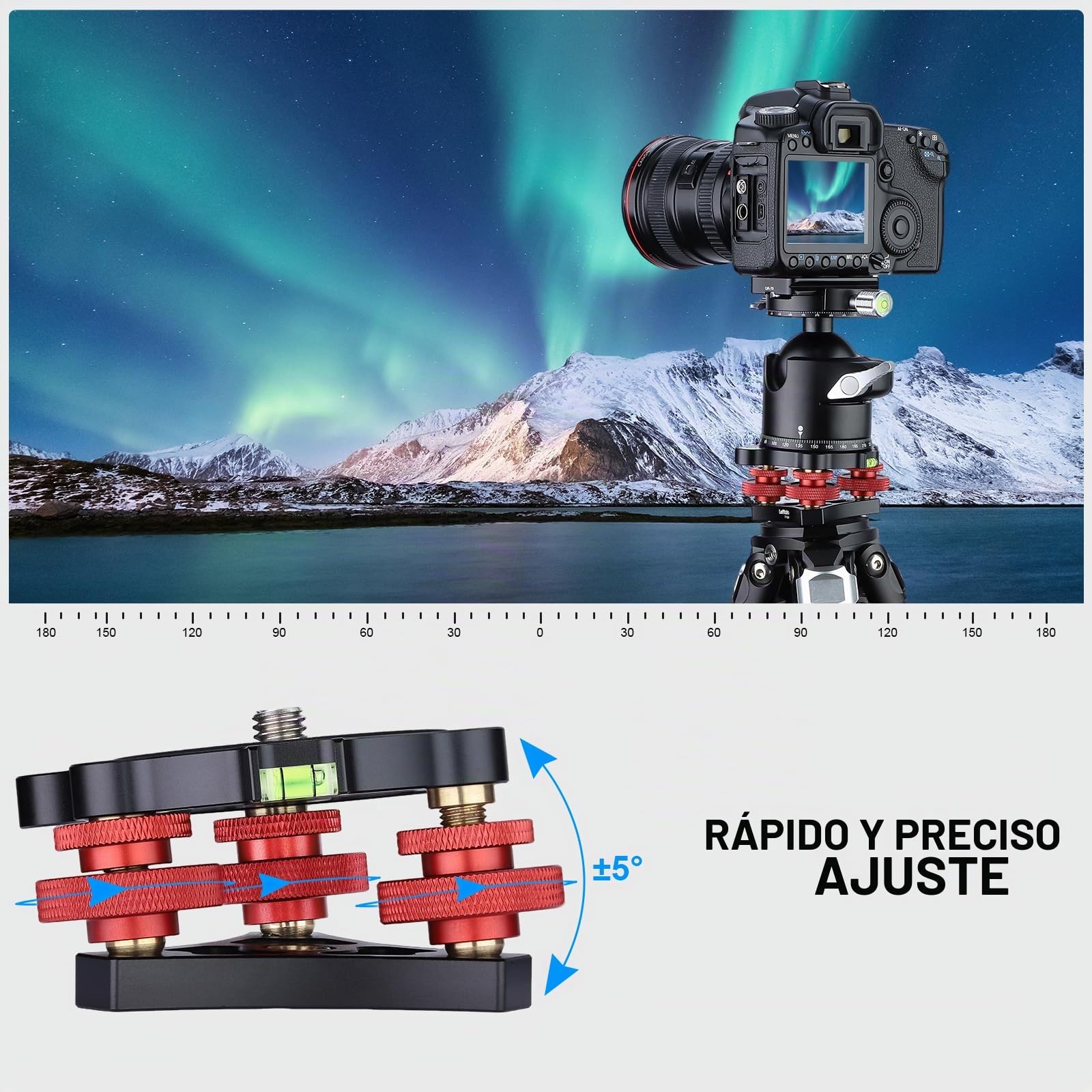 Nivelador de trípode con ajuste de precisión de +/-5 grados para cabezal panorámico, cabezal de bola, cabezal de video y trípode