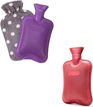 HomeTop 2-Pack Hot Water Bottles - Rubber Bottle Red, Standard - Rubber Bottle with Fleece Cover Purple, Standard