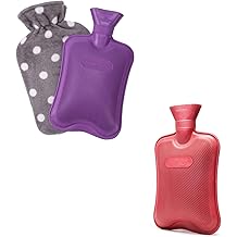 HomeTop 2-Pack Hot Water Bottles - Rubber Bottle Red, Standard - Rubber Bottle with Fleece Cover Purple, Standard