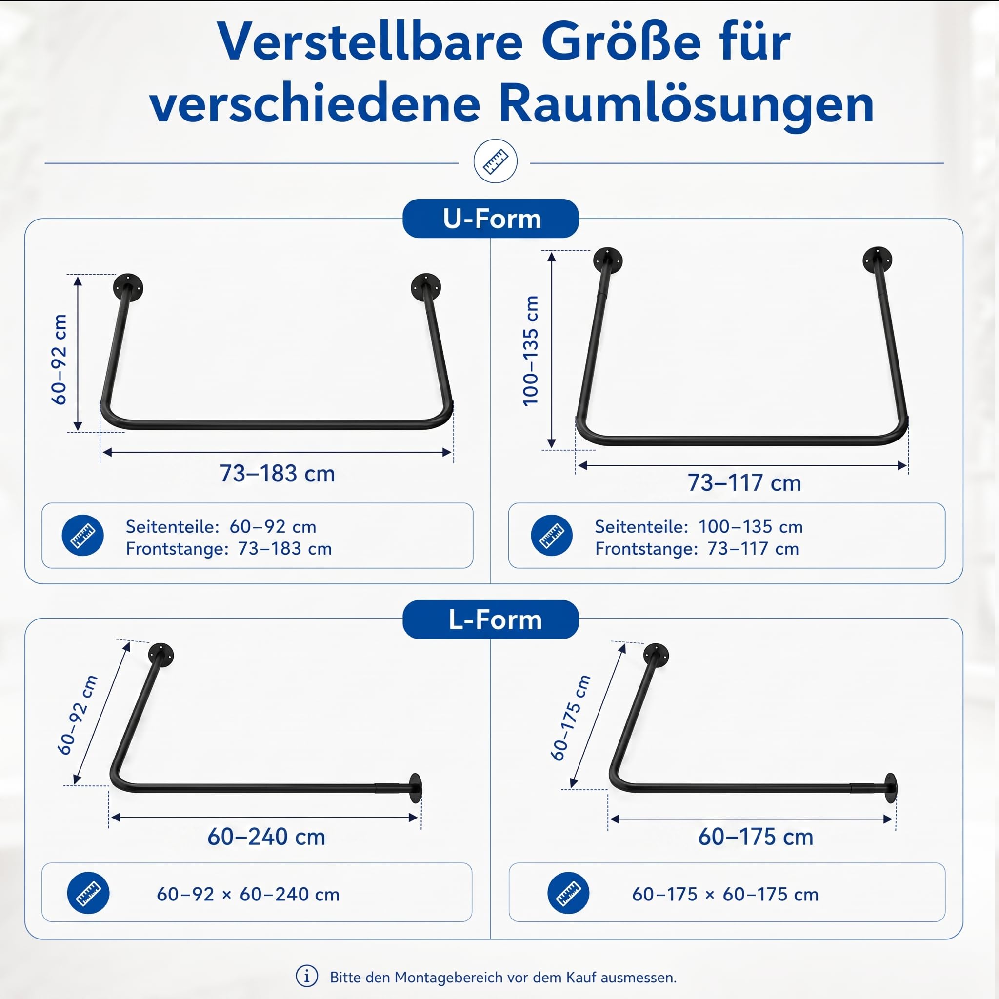 Bastone Per Tenda Da Doccia A Forma Di U/L, Bastone Per Tenda Da Doccia Angolare Retrattile In Acciaio Inox Nero. 75×(150-190)×75 cm Adatto Per Bagni, Spogliatoi, Negozi Di Abbigliamento