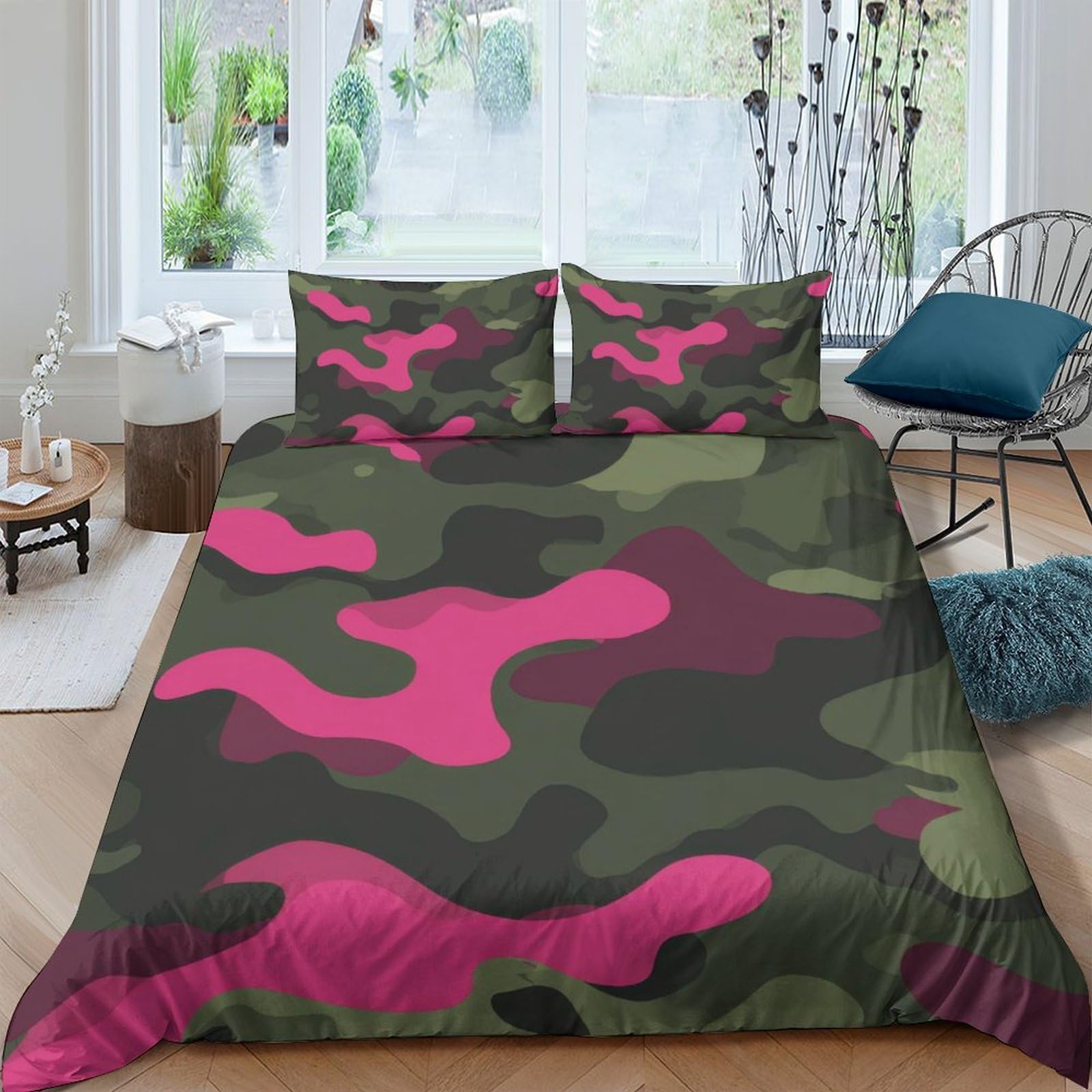 GPLZQXKJNH 3D Printed Pink Camo Duvet Cover Microfiber Soft Breathable Green Camouflage Bedding Set 2 Pillowcases for Bedroom Home Single（135x200cm）