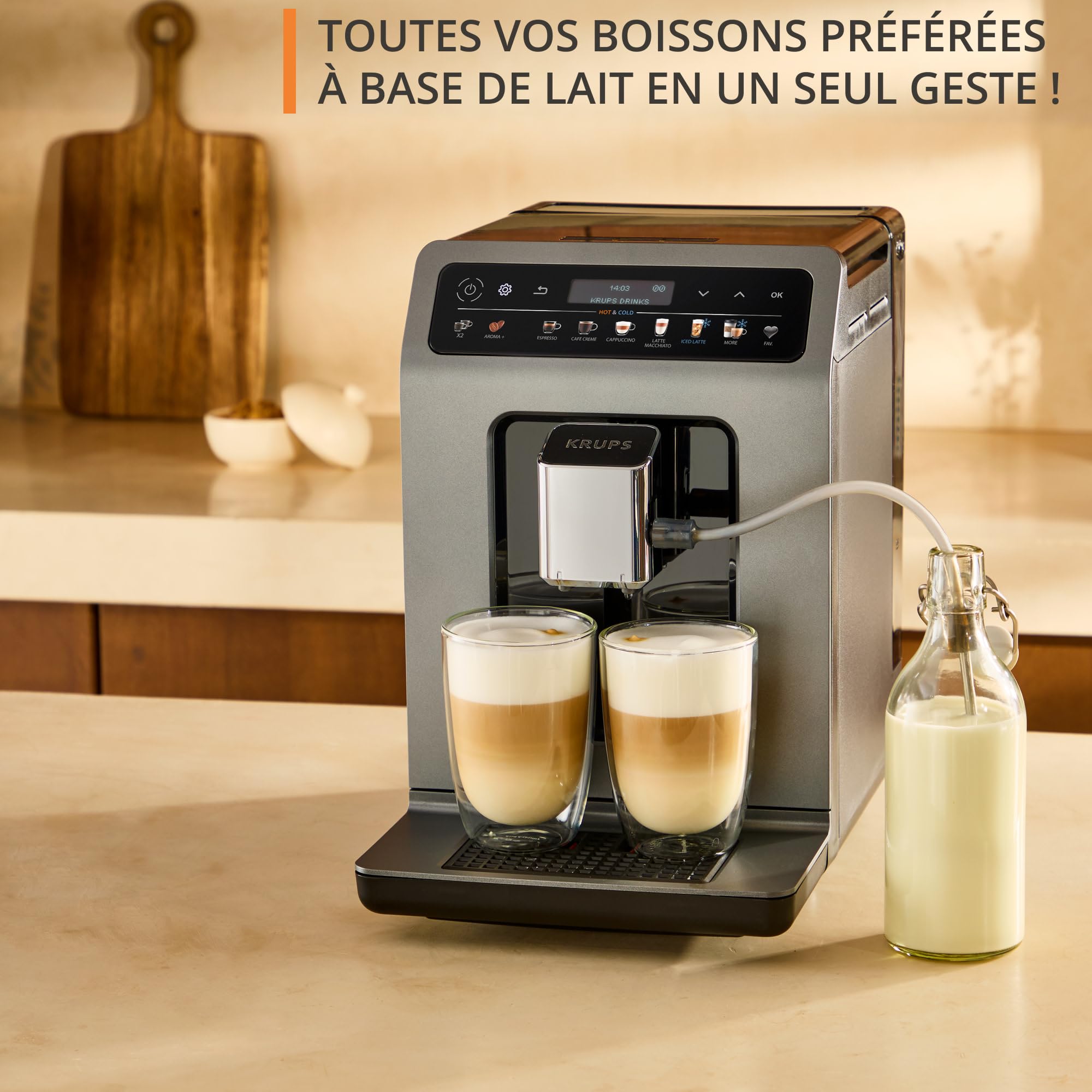 Krups Evidence Hot & Cold, Machine à café grains automatique, 18 recettes chaudes et froides, espresso, One Touch cappuccino, interface intuitive, EA898GF0, Gris