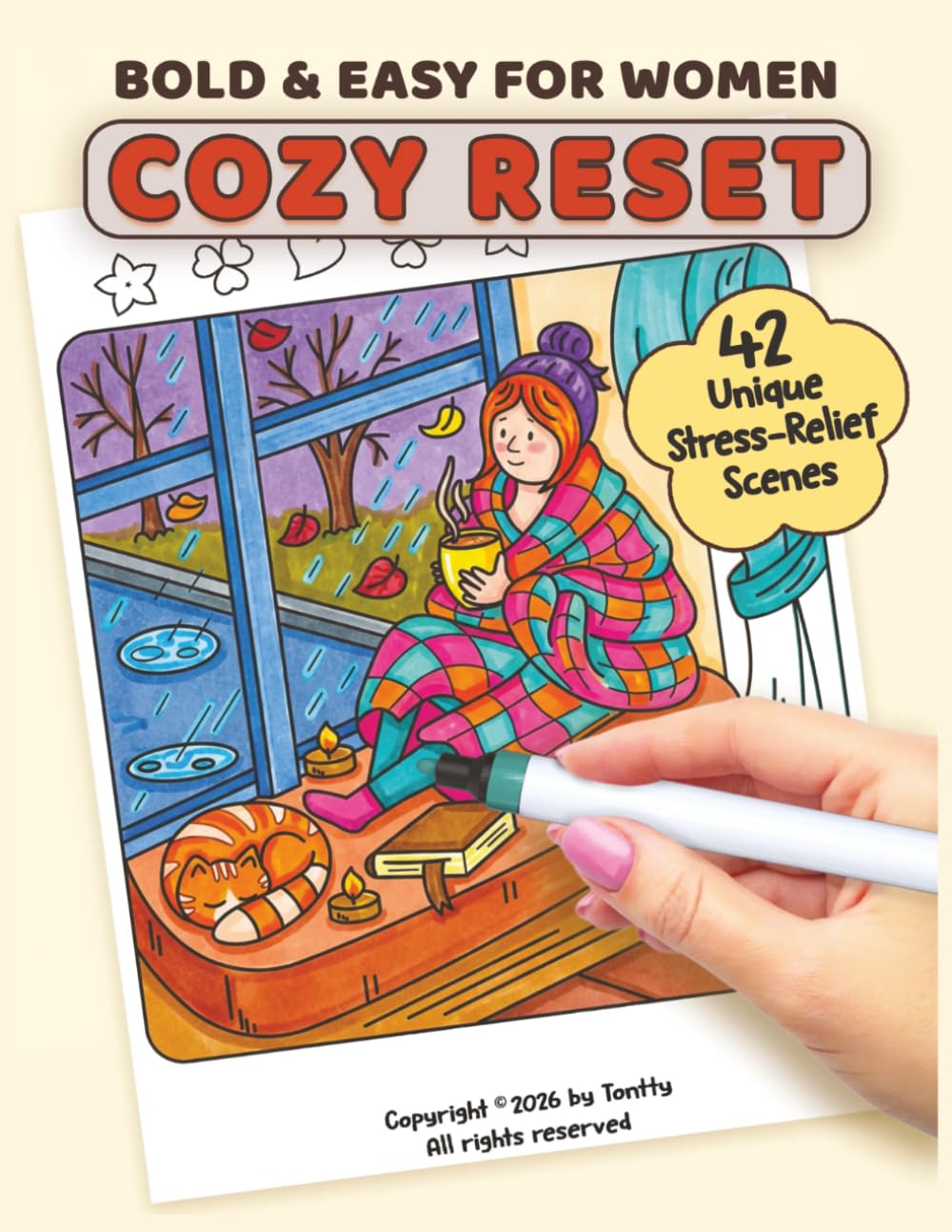 Cozy Reset Coloring Book for Women: Bold and Easy Coloring with 42 Unique Stress-Relief Scenes