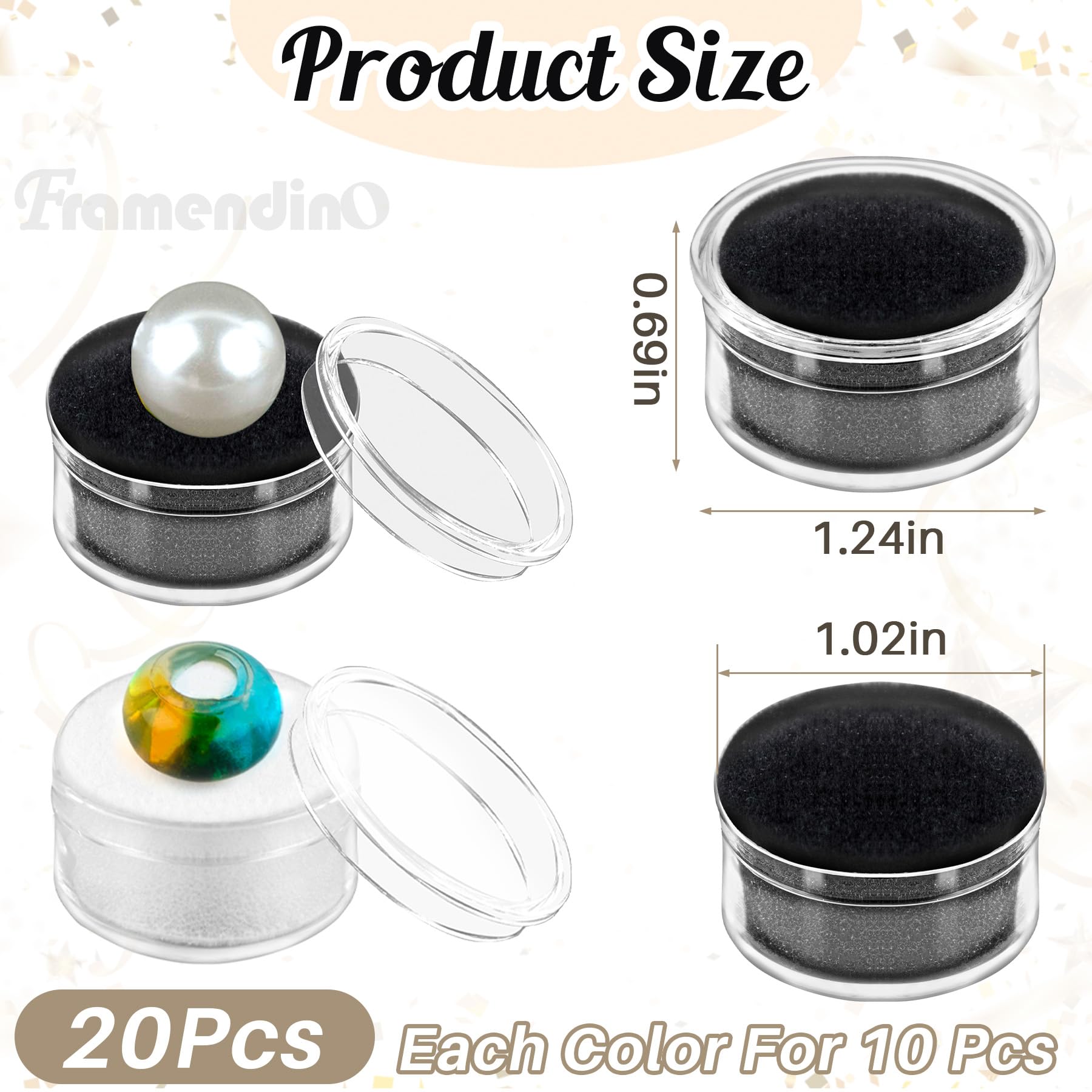 Framendino, 20 Pack Mini Round Stone Jewelry Box Diamond Gemstone Display Case with Lids Sponge Black White