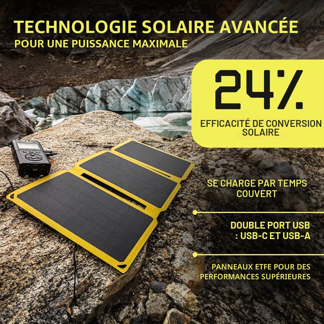 SunJack Chargeur de téléphone solaire pliable 15 W, IP67 étanche ETFE panneau solaire monocristallin avec batterie externe de 10 000 mAh, chargeur solaire portable USB-C et USB-A pour camping