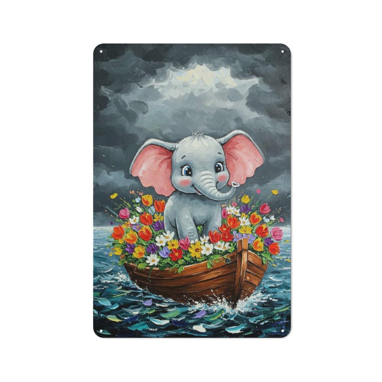 Junmoney Elephant In A Boat Of Flowers Classic Metal Wall Plaque 30X20cm Featuring Creative Space Decor For Workspace, Cafe, Shop Or Desk Area