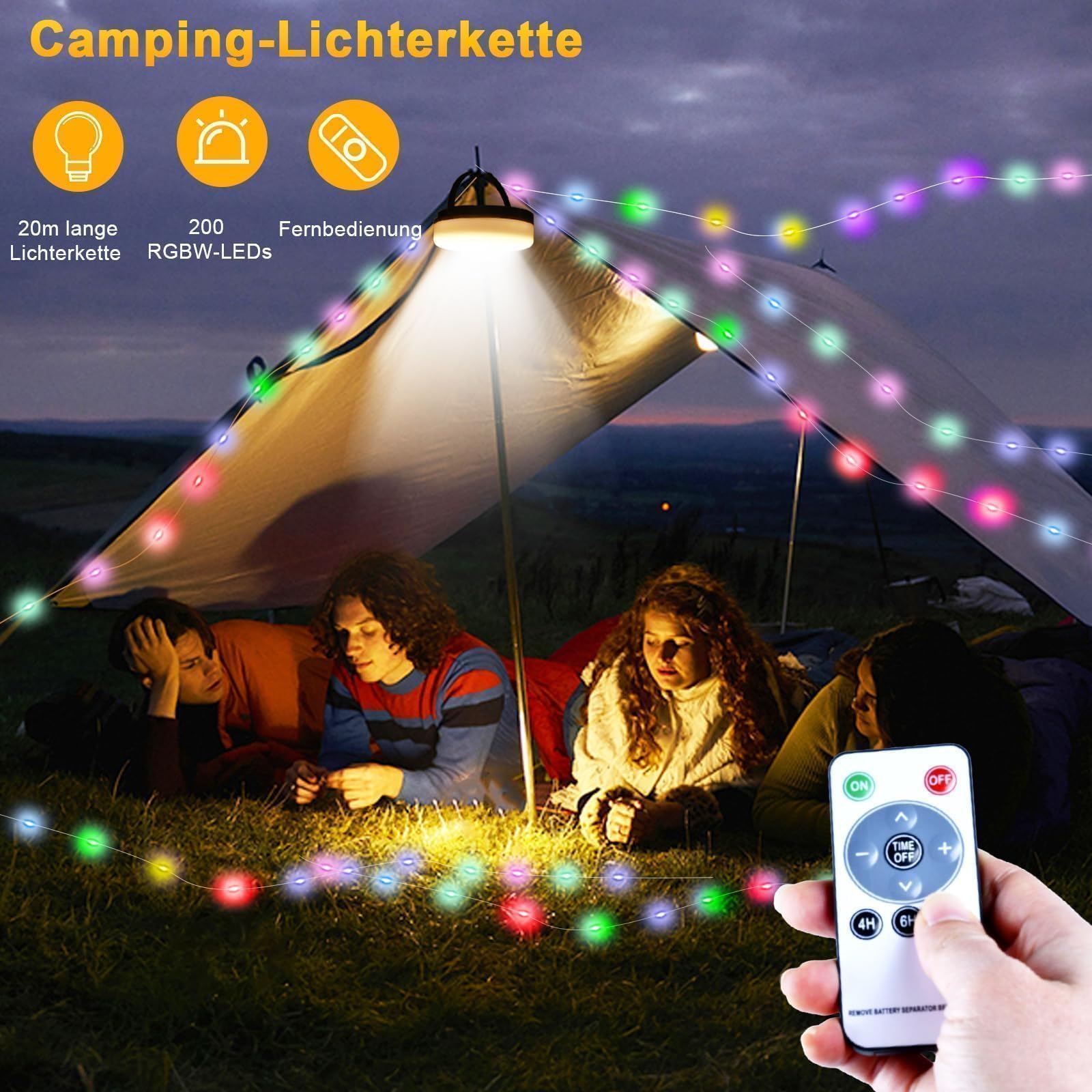 Yizhet Catena Luminosa da Campeggio Solare 2 in 1, 22M Stringa di Luci Avvolgibile con Telecomando, 9 Modalità, Bianco Caldo, Ricaricabile e Impermeabile IPX4 per Tenda, Giardino, Esterno
