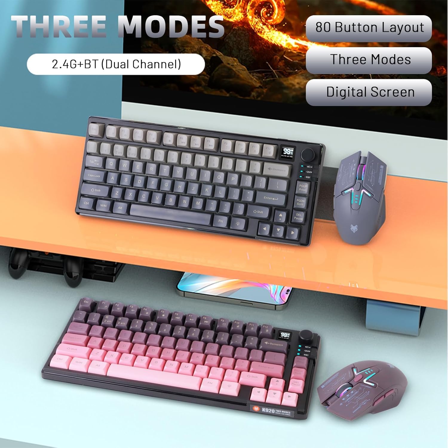 75% Wireless Gaming Tastatur und Maus Set, Mechanische Tastatur + 3D 1600DPI Mäuse, 2000mAh Akku, RGB Hintergrundbeleuchtung Tastatur mit 80 Tasten Computer PC Gaming Tastatur für PC/Laptop (Gradient