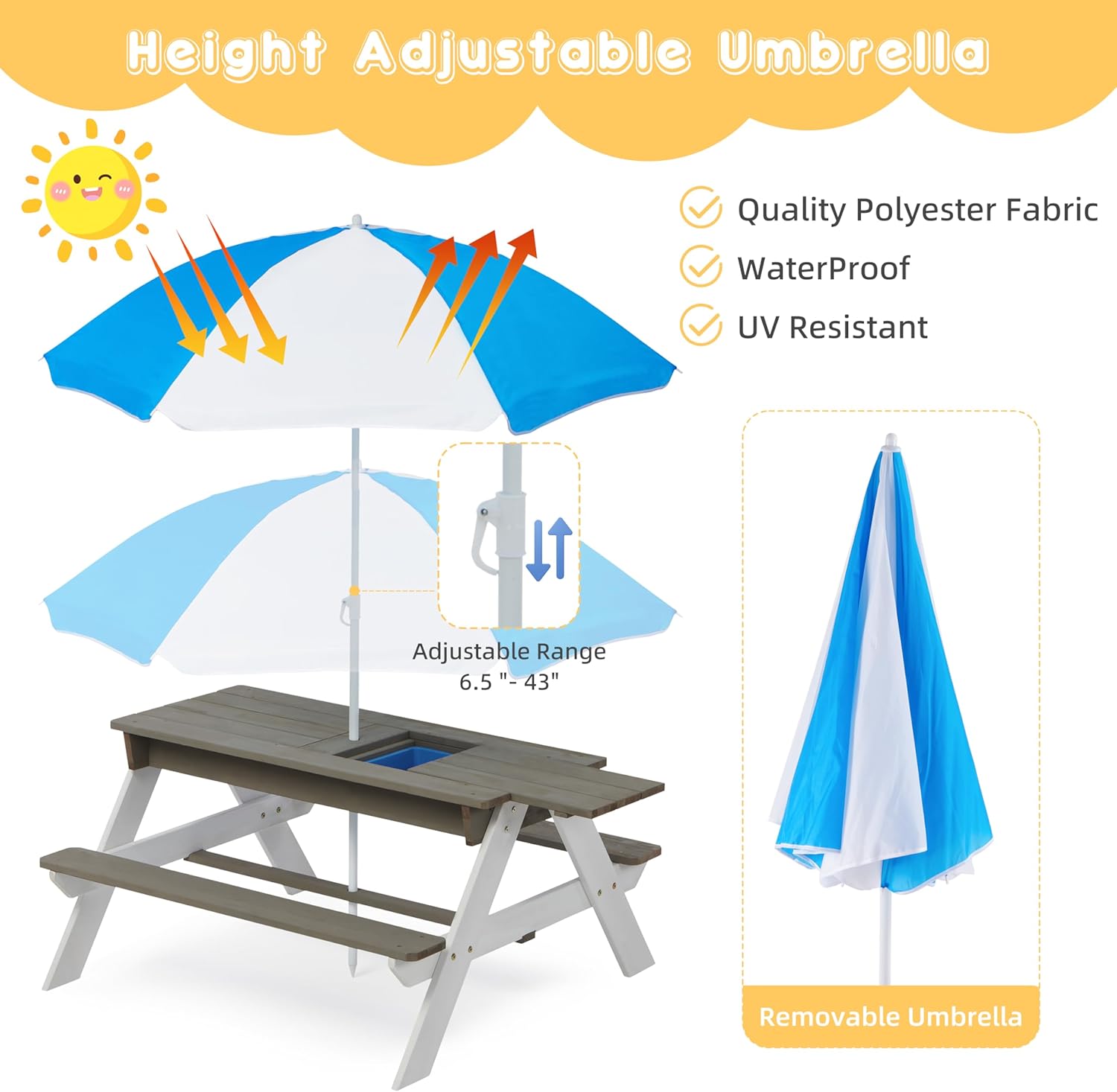 SoliWood Kids Picnic Table with Umbrella, 3-in-1 Outdoor Wooden Convertible Sand & Water Table for Toddlers, Removable Top, Seats 4