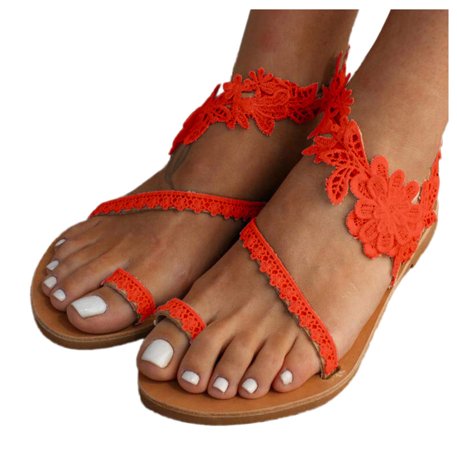 Sunggoko Sandals for Women Open Toe Outdoor Beach Womens Sandals Casual Flat Slipper Dressy Lace Flower Shoes