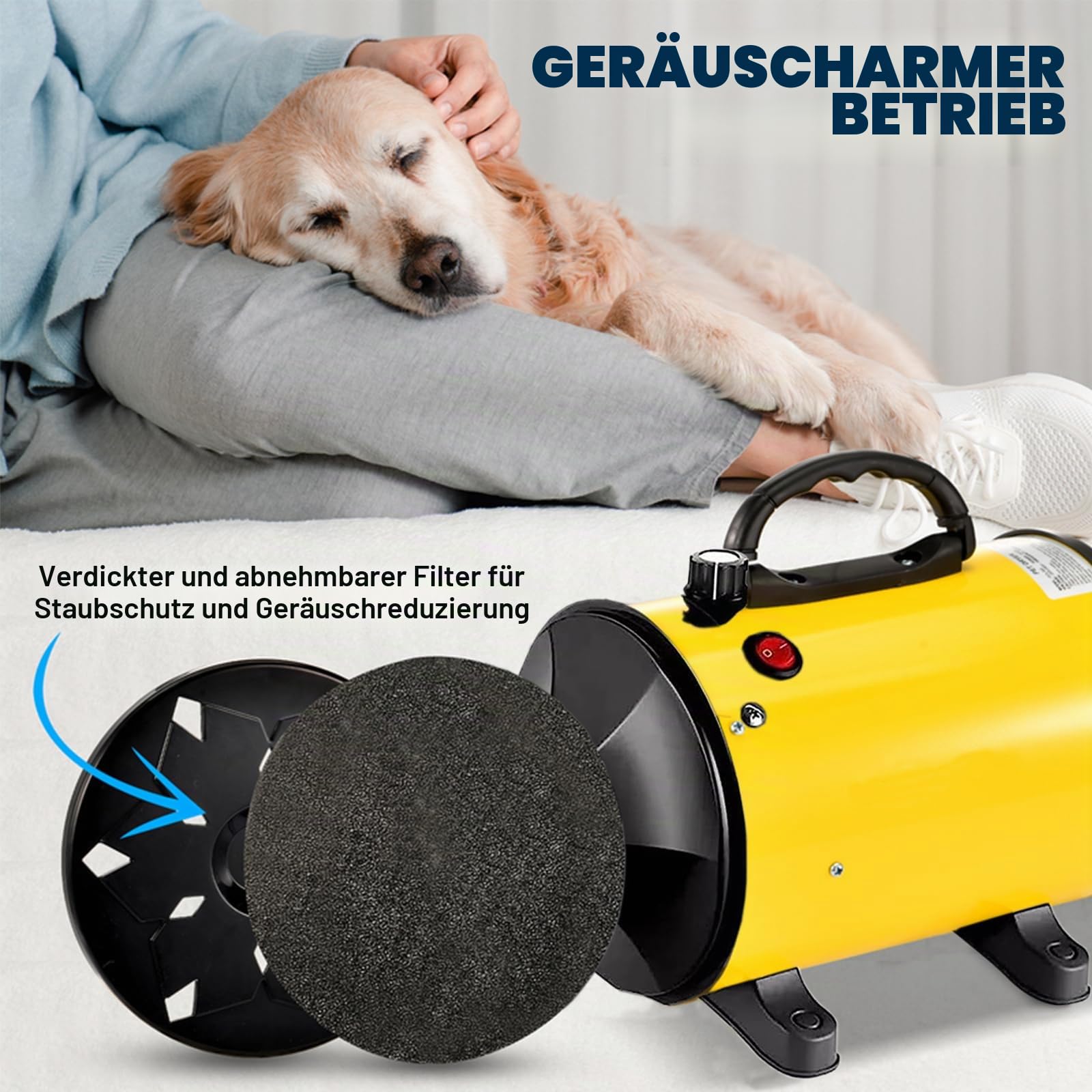 Blower Hundefön Sehr Leise, 2800W Hundefön Hundetrockner Einstellbare Geschwindigkeit, Professioneller Haartrockner Hunde Föhne, Tierfön Pet Dryer Hundepflege-Trockner-Gebläse mit 4 Düsen und Schlauch