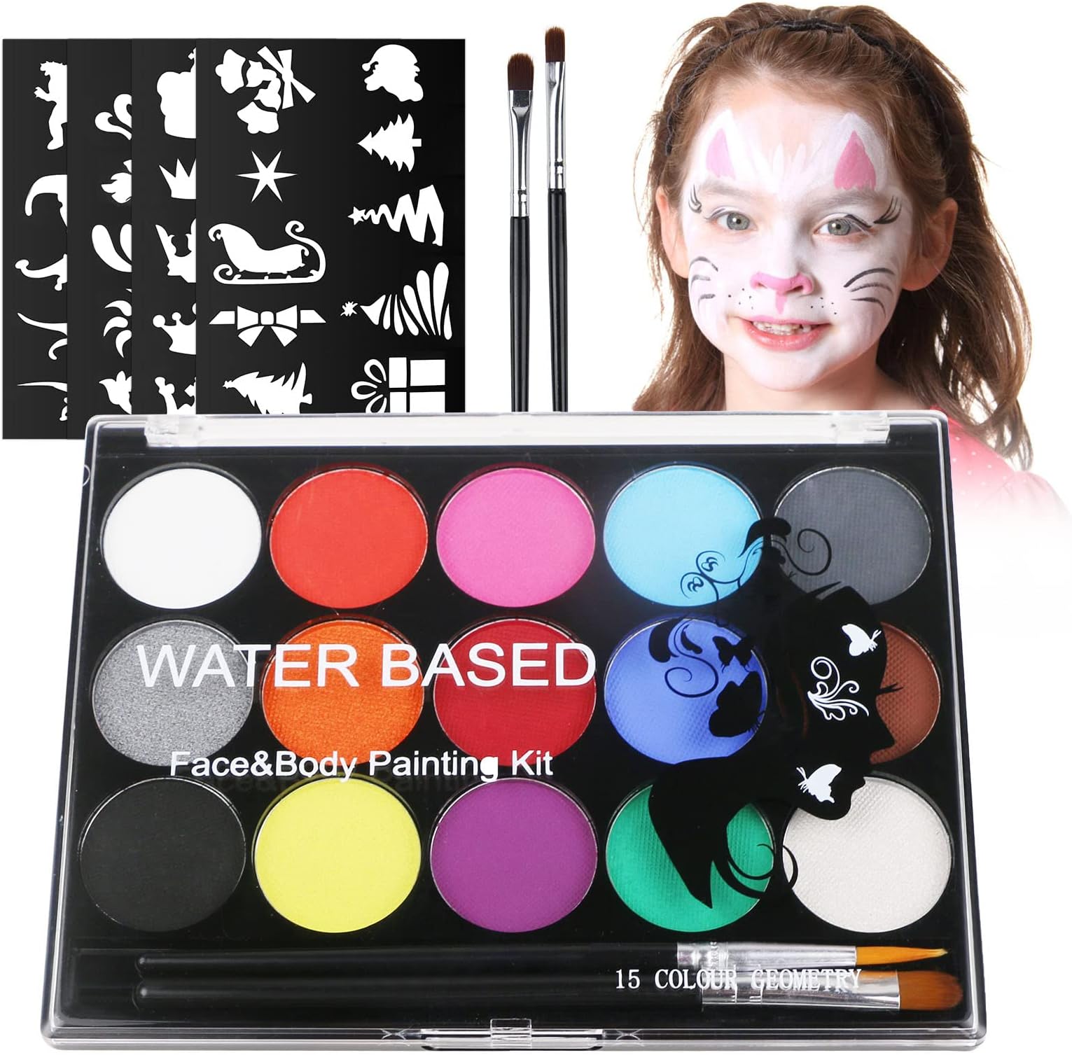 Face Paint, 15 Color Face Painting Palette with 2 Brushes 32 Stencils, Washable Face Paints Safe Body Paint for Adults Kids Halloween Carnival, Makeup Paint Non-Toxic to Use