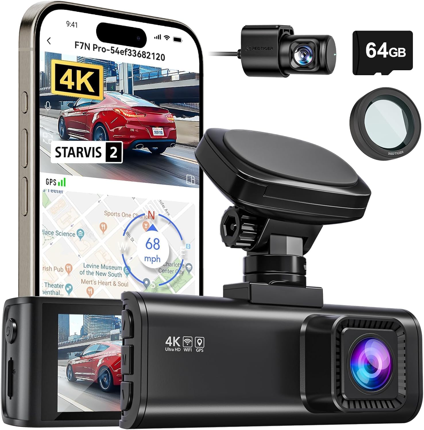 REDTIGER F7N Pro & Circular Polarizing Lens, STARVIS 2 Sensor, 64GB Card Included, 4K/2.5K+1080P Dual Dash Camera for Cars Built-in WiFi GPS, 3.18 Inch IPS Screen