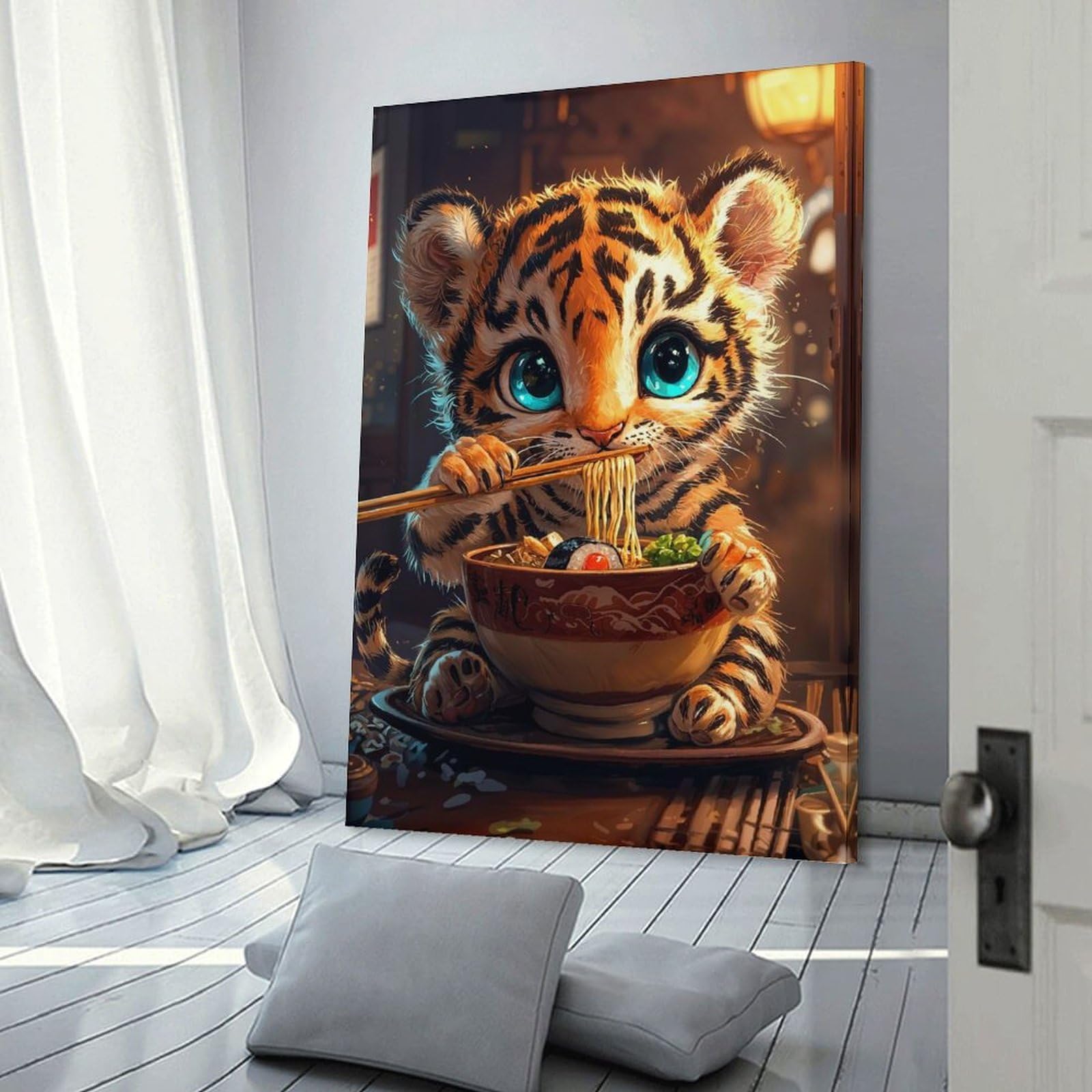 Junmoney Cute Tiger Eating Ramen Decorative Wall Artwork 20x30inch(50x75cm), for Front Hall, Corridor Or Welcome Spaces, Decorative Wall Art for Narrow Spaces