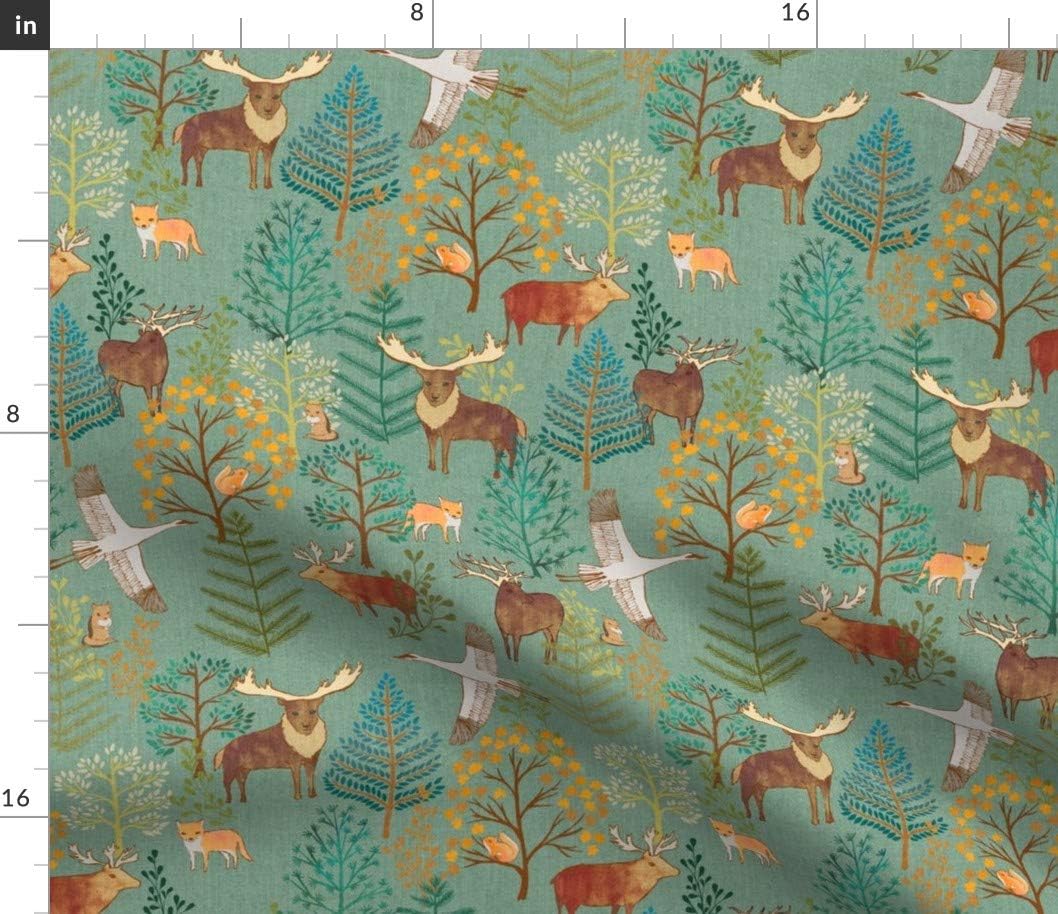 Spoonflower Fabric - Wild Forest Squirrels Pine Maple Cranes Wildlife Foxes Printed on Petal Signature Cotton Fabric by The Yard - Sewing Quilting Apparel Crafts Decor