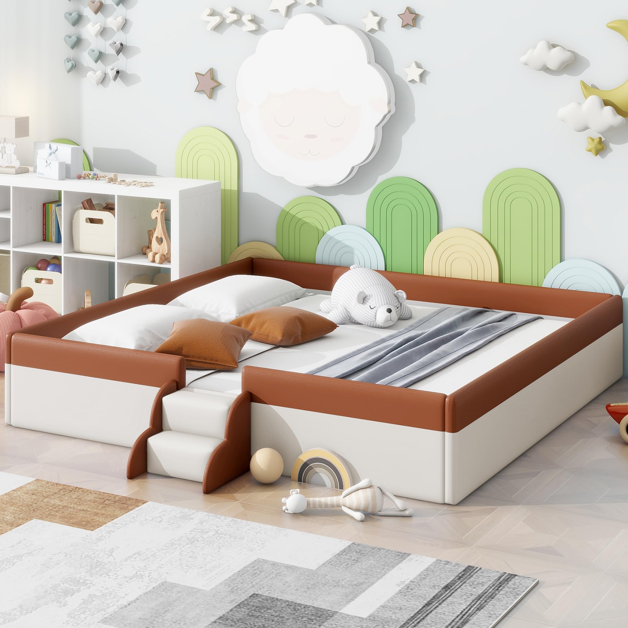 Queen Size Montessori Floor Bed With Fence & Stairs - PU Upholstered Frame, No Box Spring Needed, For Kids