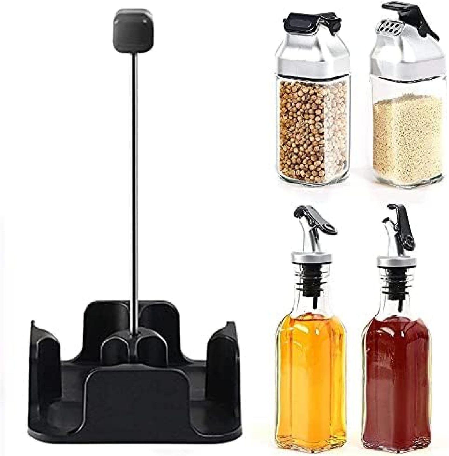 Juego De Dispensador De Aceite Y Vinagre De Sal Y Pimienta, Botella De Condimento Visible De Vidrio De 5 Piezas con Bandeja De Almacenamiento, Diseño De Tapa Giratoria,Bonny369