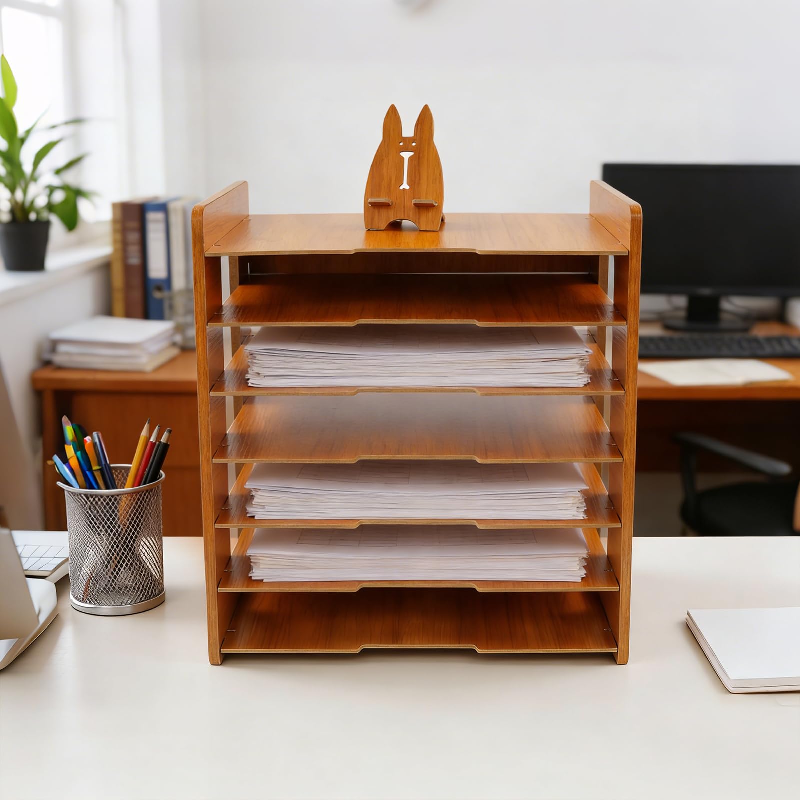 Organizador de escritorio de 7 niveles de madera, altura ajustable entre capas, gran capacidad, papelera de correo, A4, papel horizontal para colocar documentos, libros